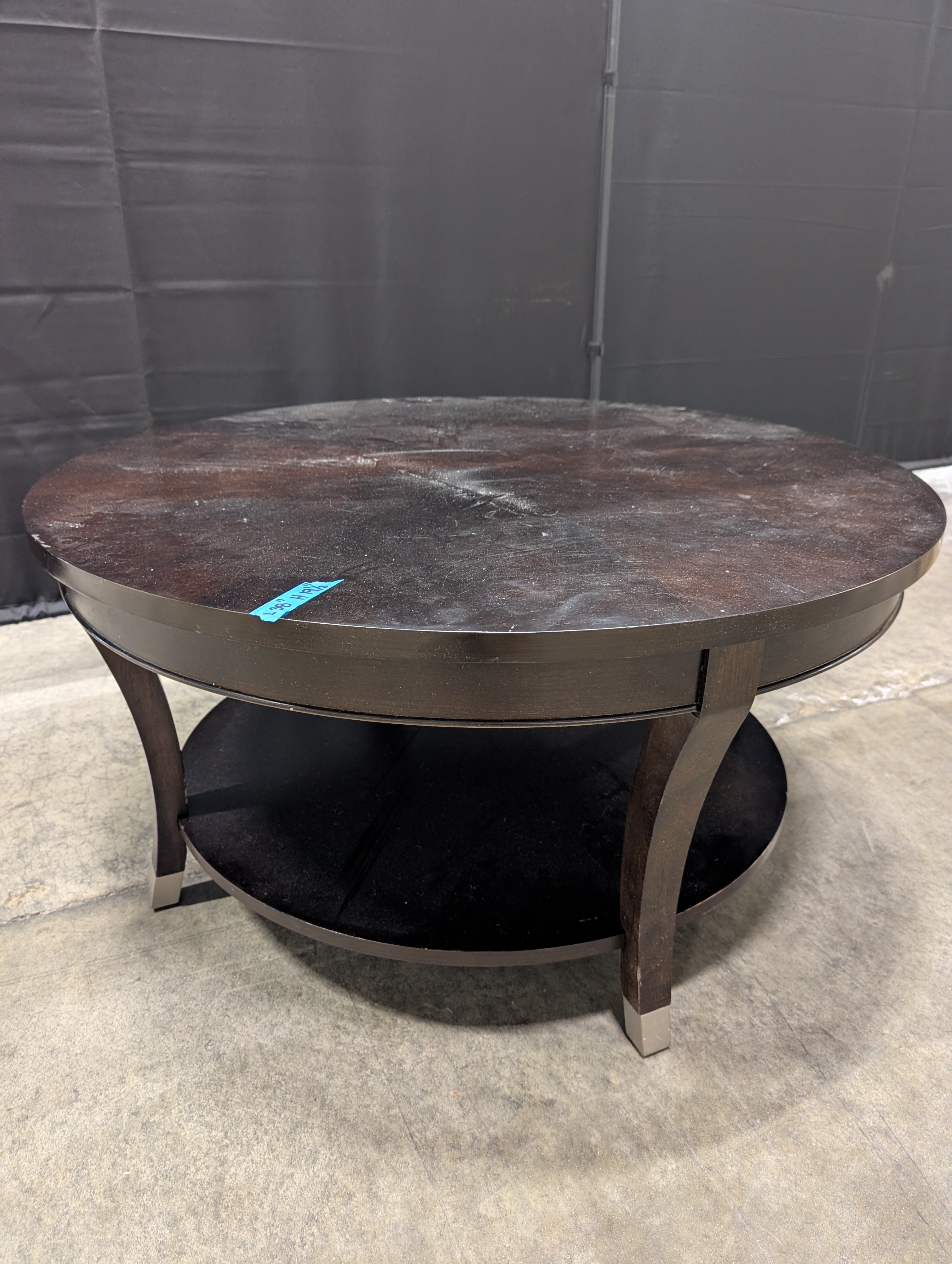 Contemporary Dark Wood Round Coffee Table with Lower Shelf