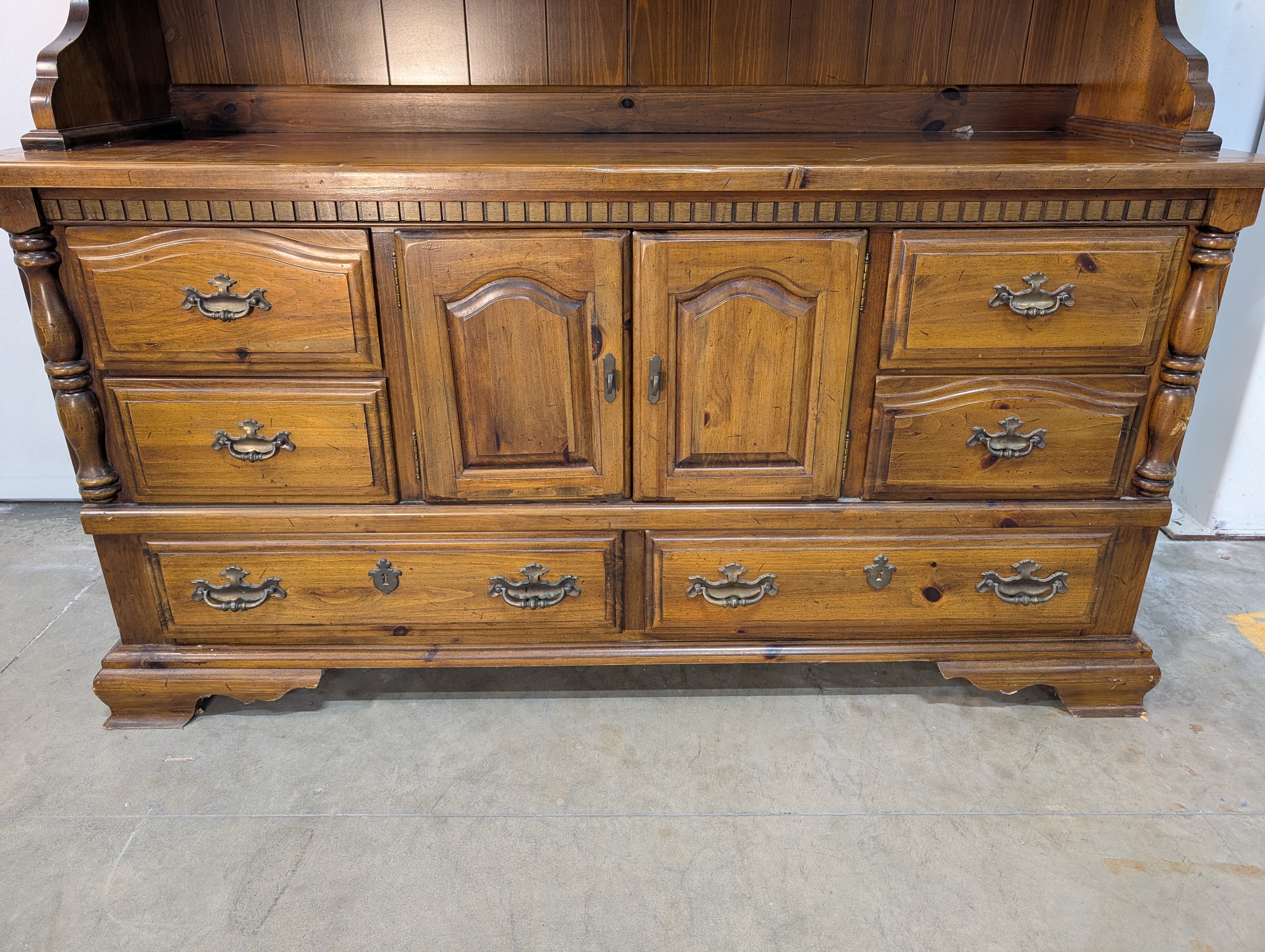 Rustic Hardwood Hutch with Glass-Front Cabinets