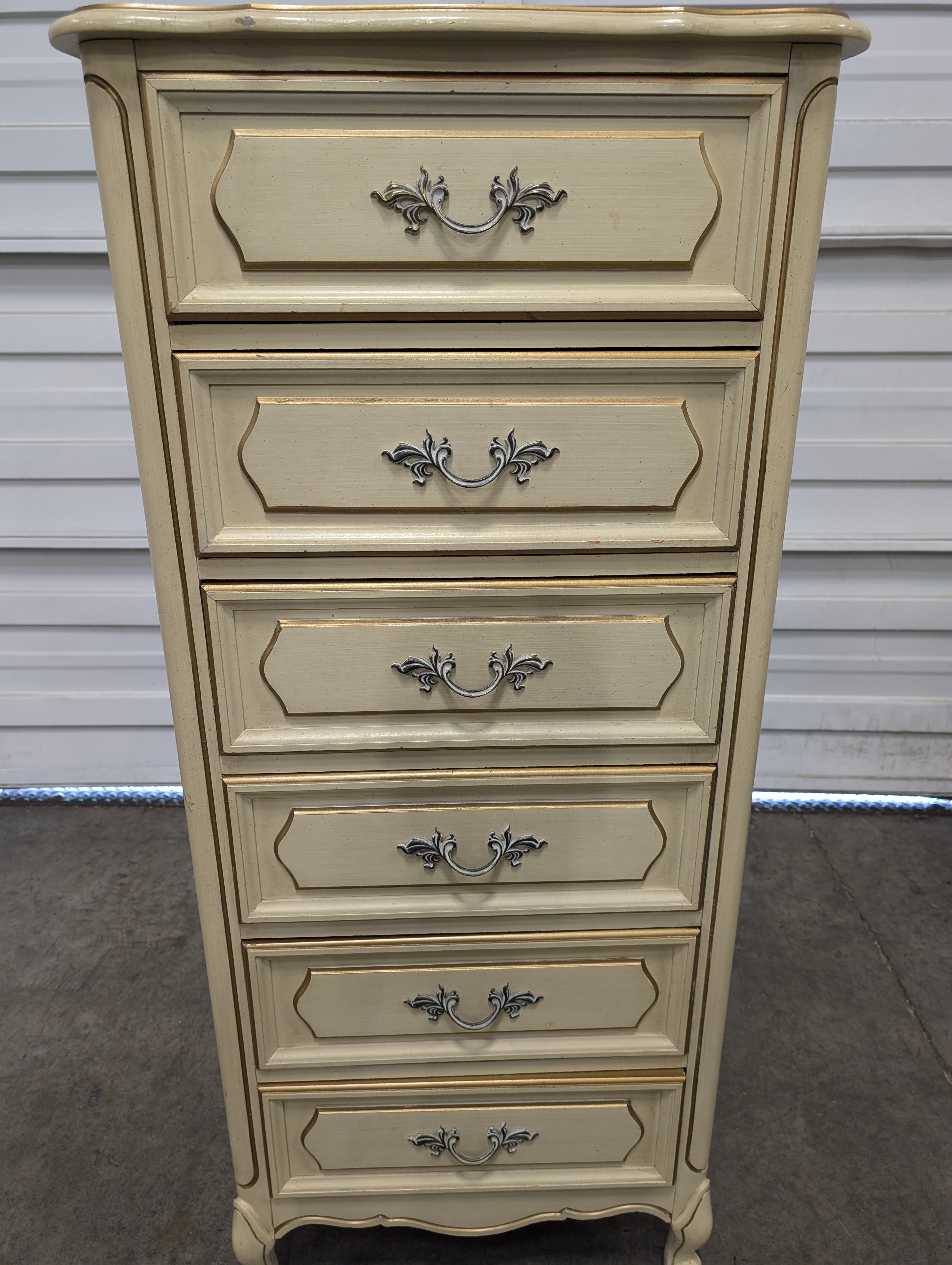 Vintage French Provincial Cream Five-Drawer Tallboy Chest