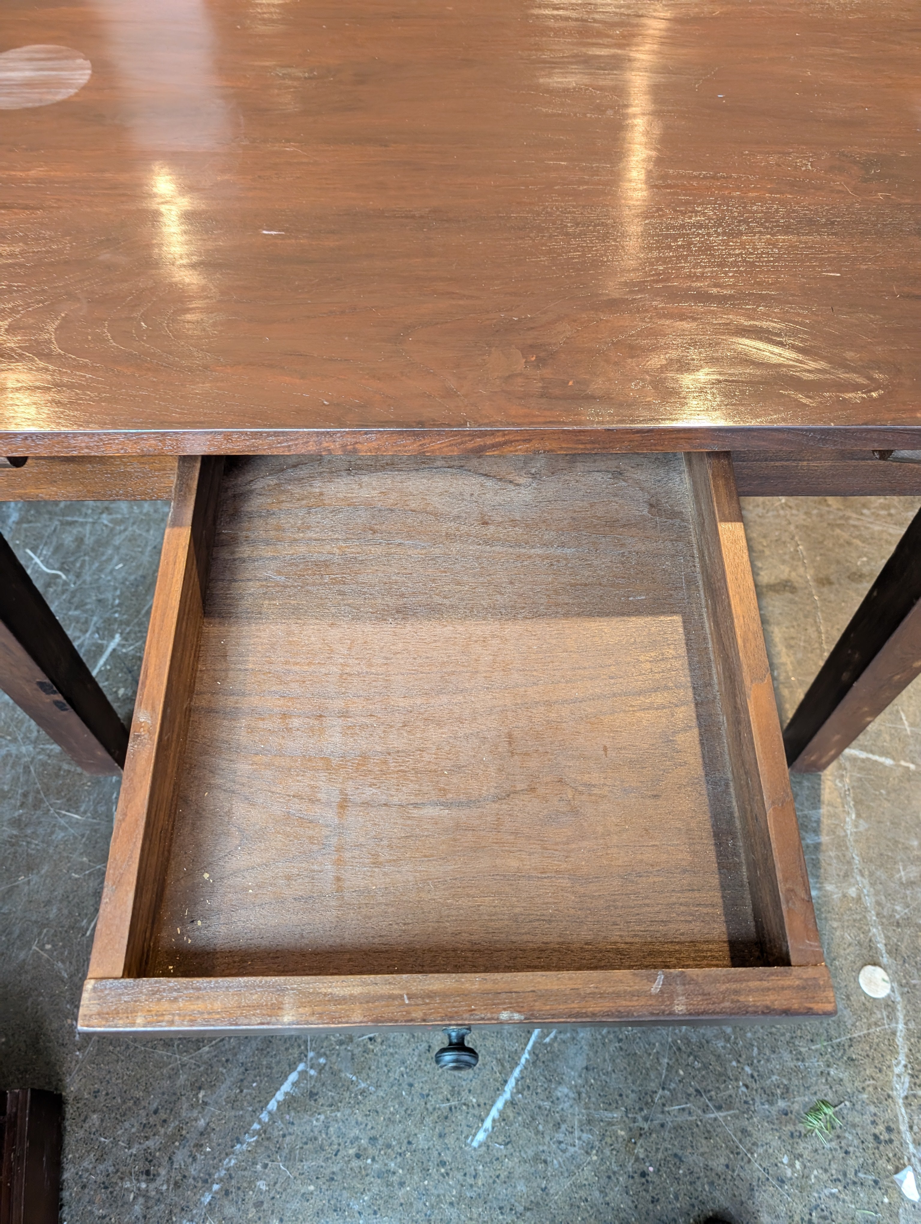 Sturdy Rectangular Dark Wood Dining Table with built in leaf and two drawers