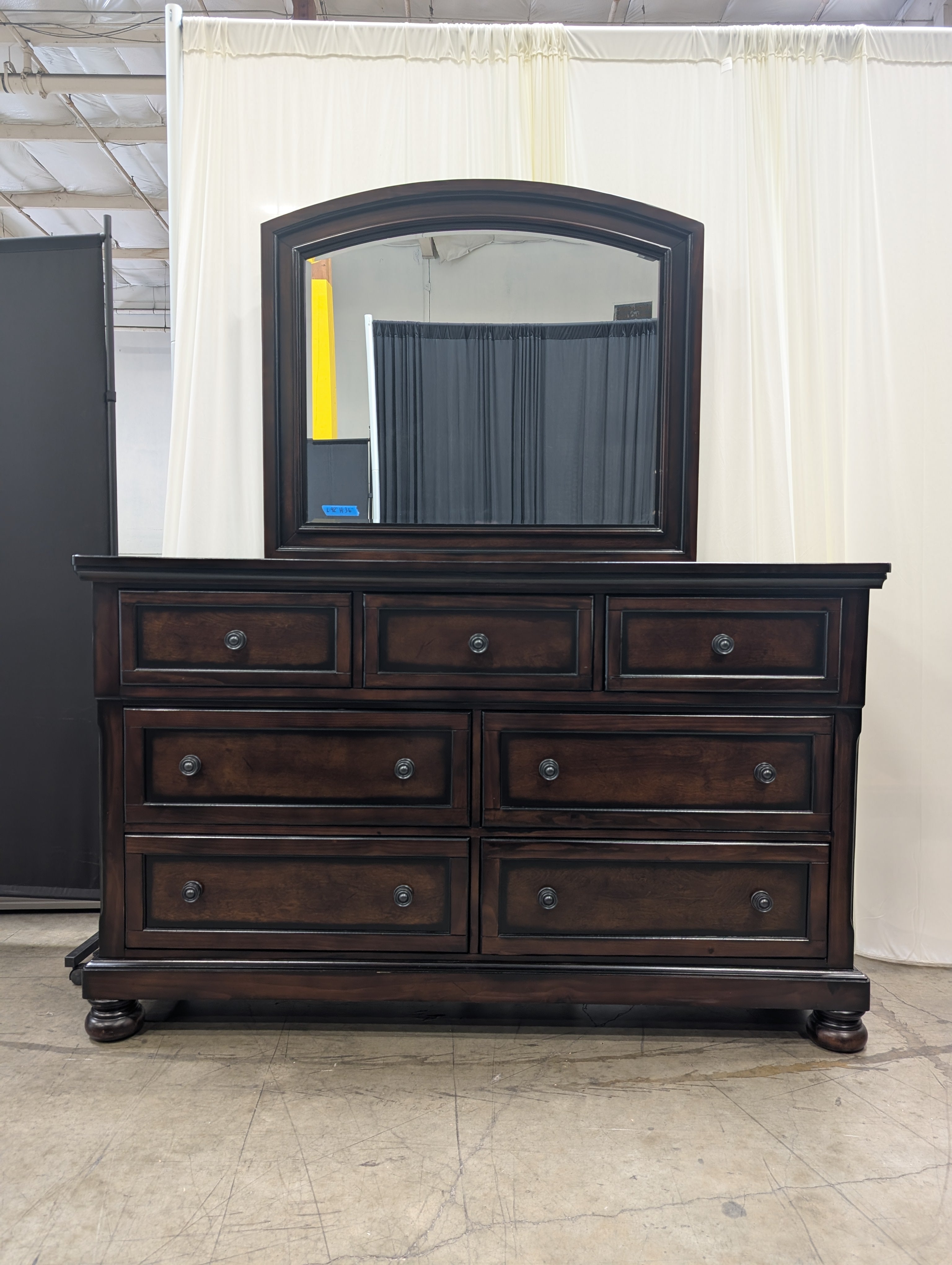 Dark Cherry Wood Dresser with Arched Mirror