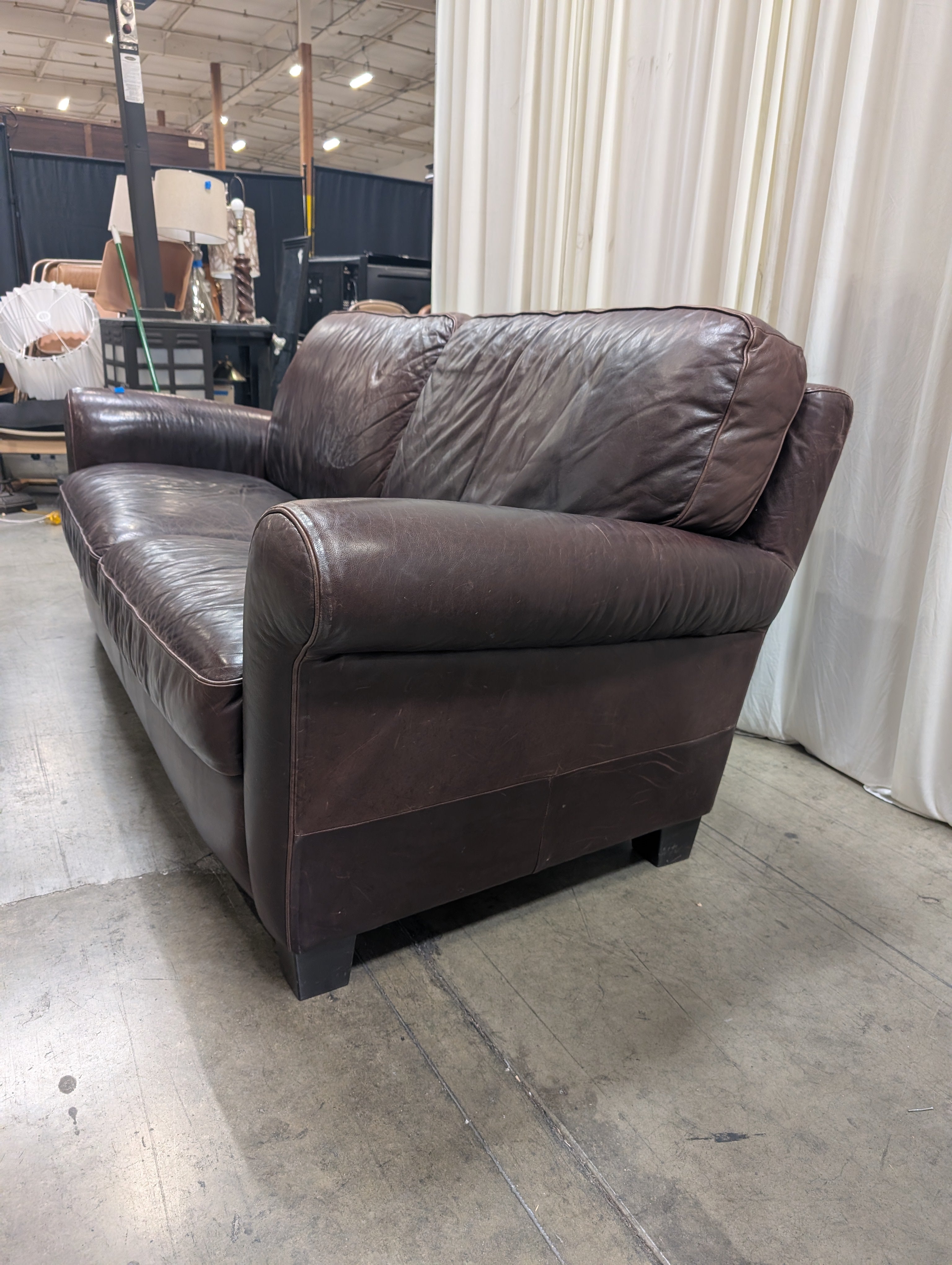 Dark Brown Rolled Arm Couch in Leather