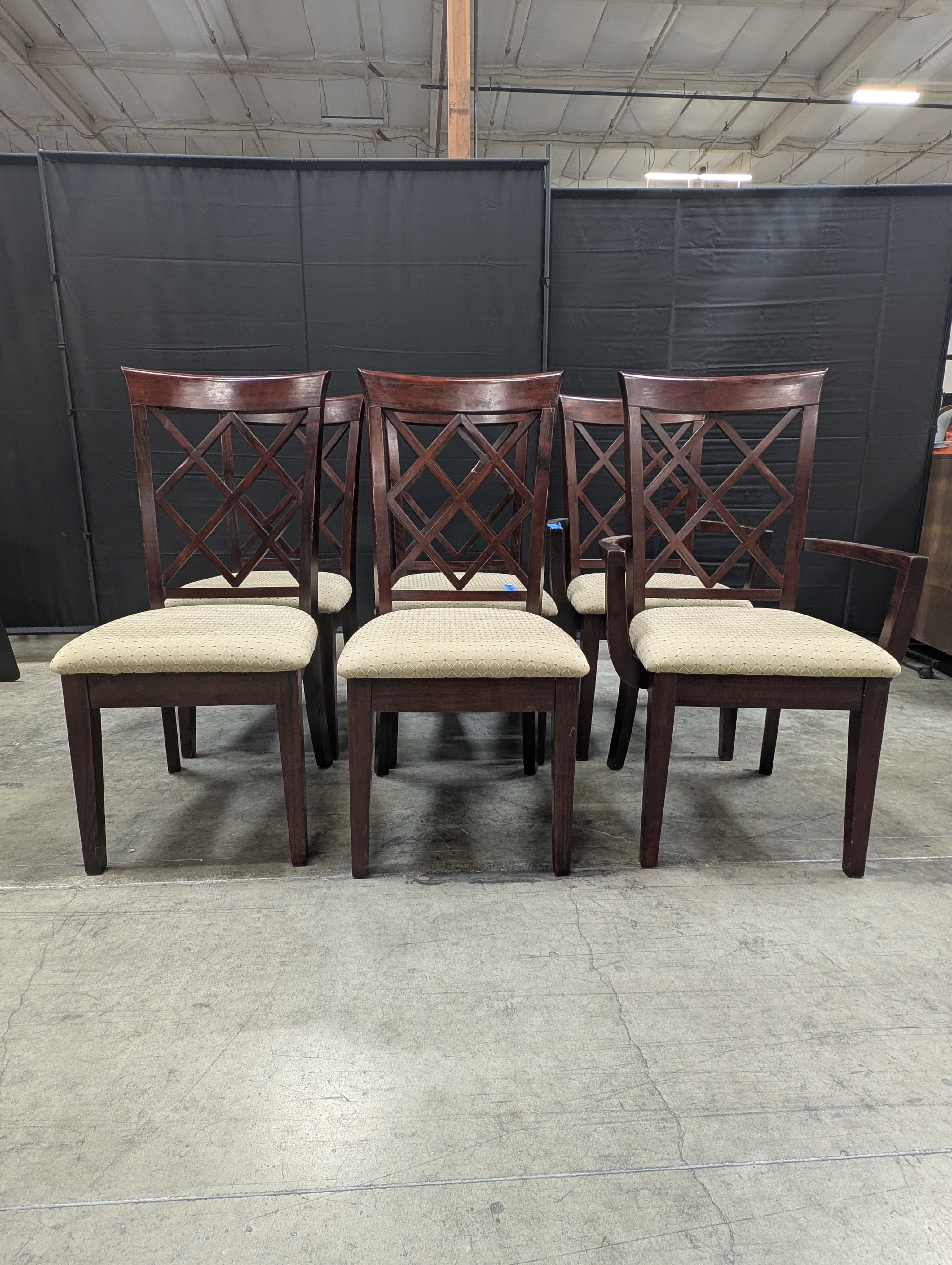 Set of Six Dark Wood Lattice Back Dining Chair