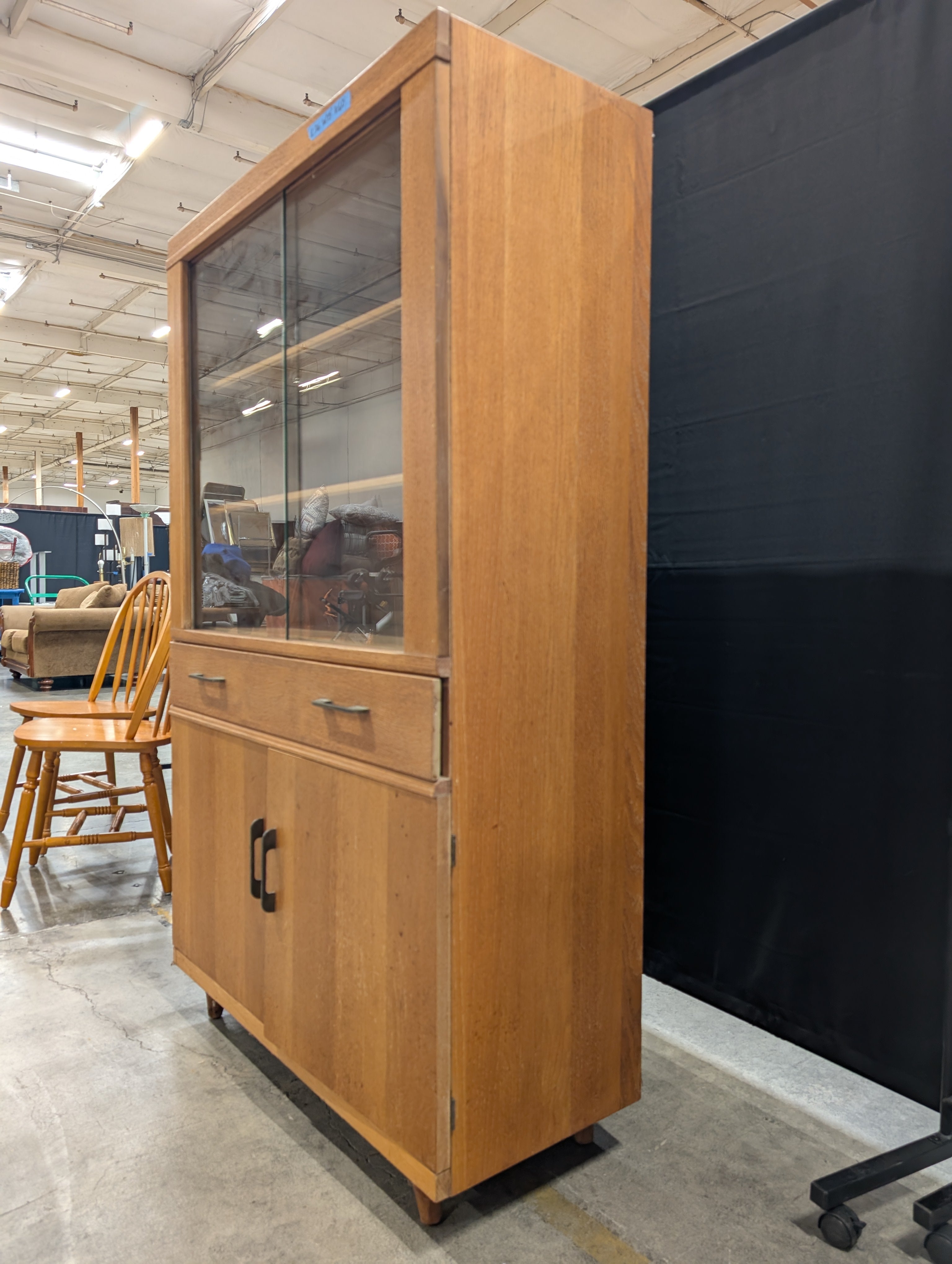 Vintage Oak China Cabinet with Sliding Glass Doors