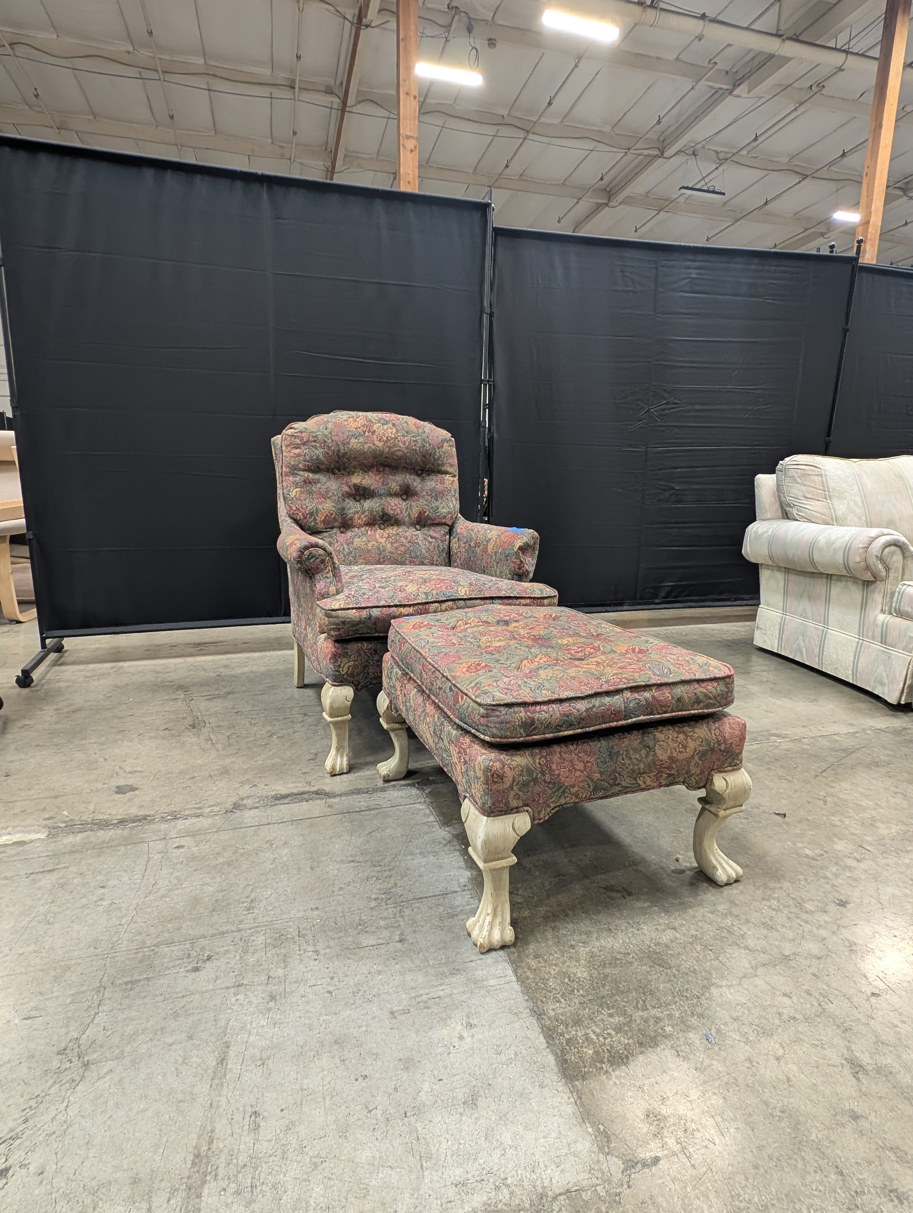Used Traditional Floral Pattern Upholstered Armchair with Claw Feet