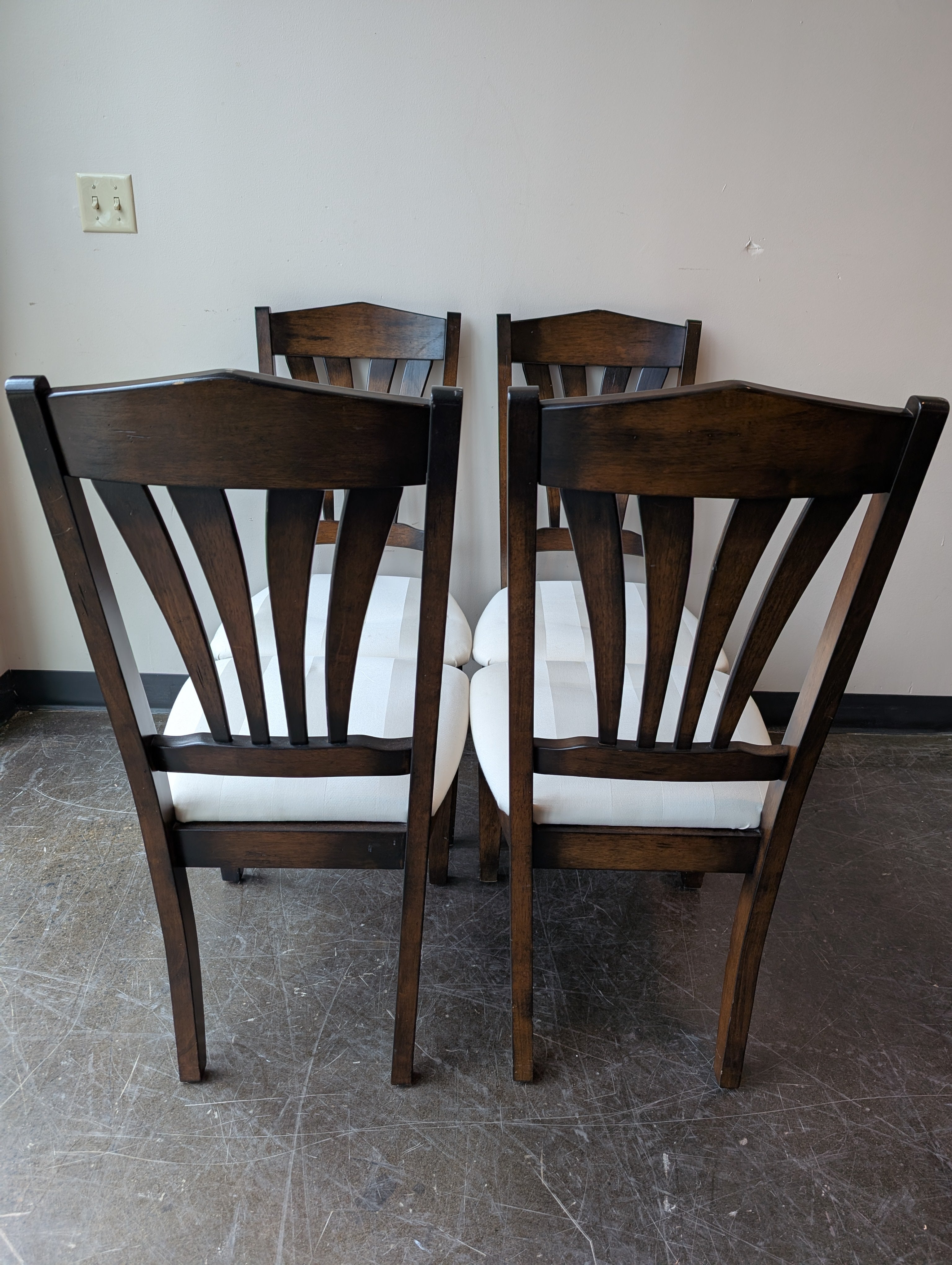 Set of Four- Rich Toned Wood Dining Chairs with Cream Upholstered Seats