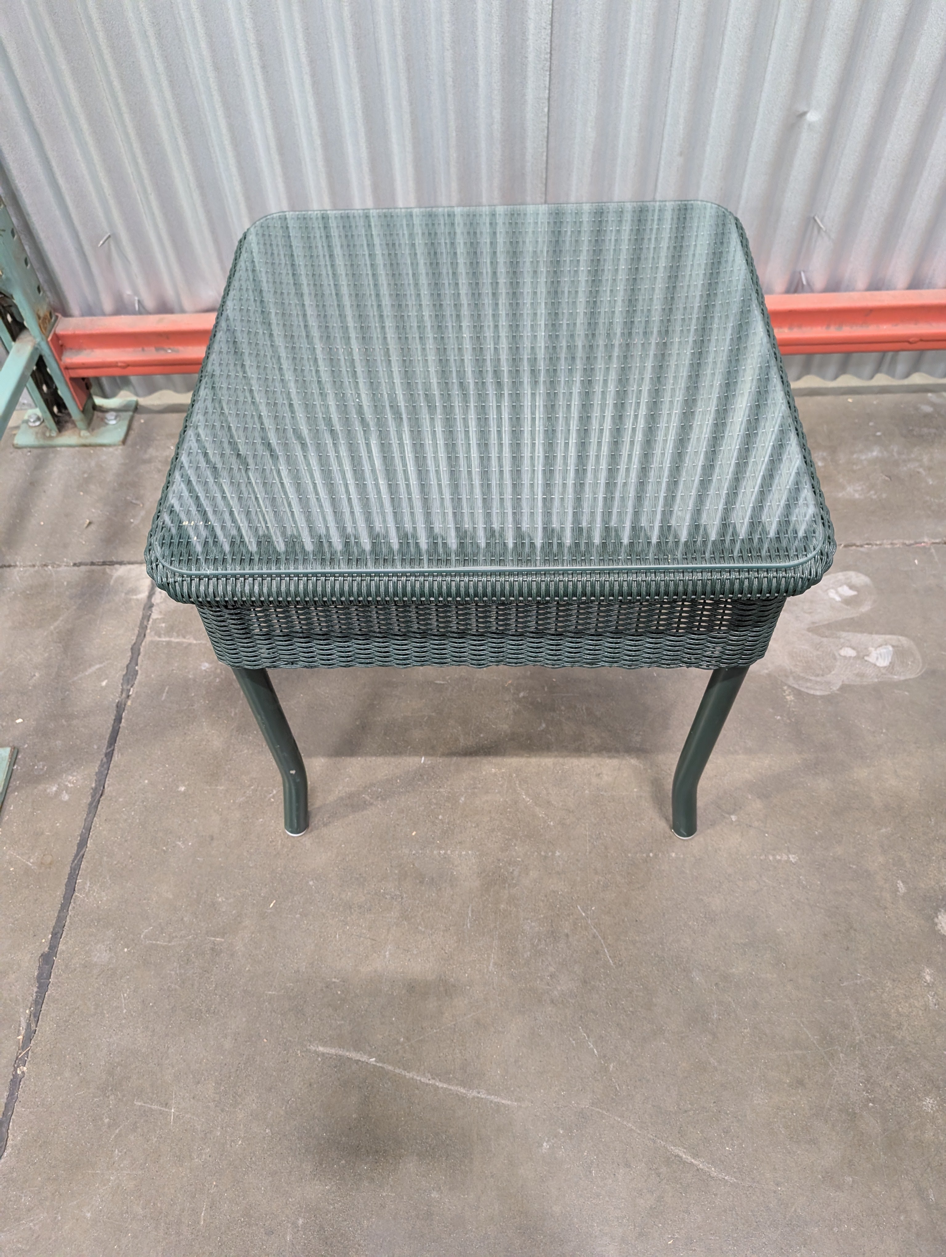 Small Green Resin Wicker Woven Outdoor Table with Glass Top