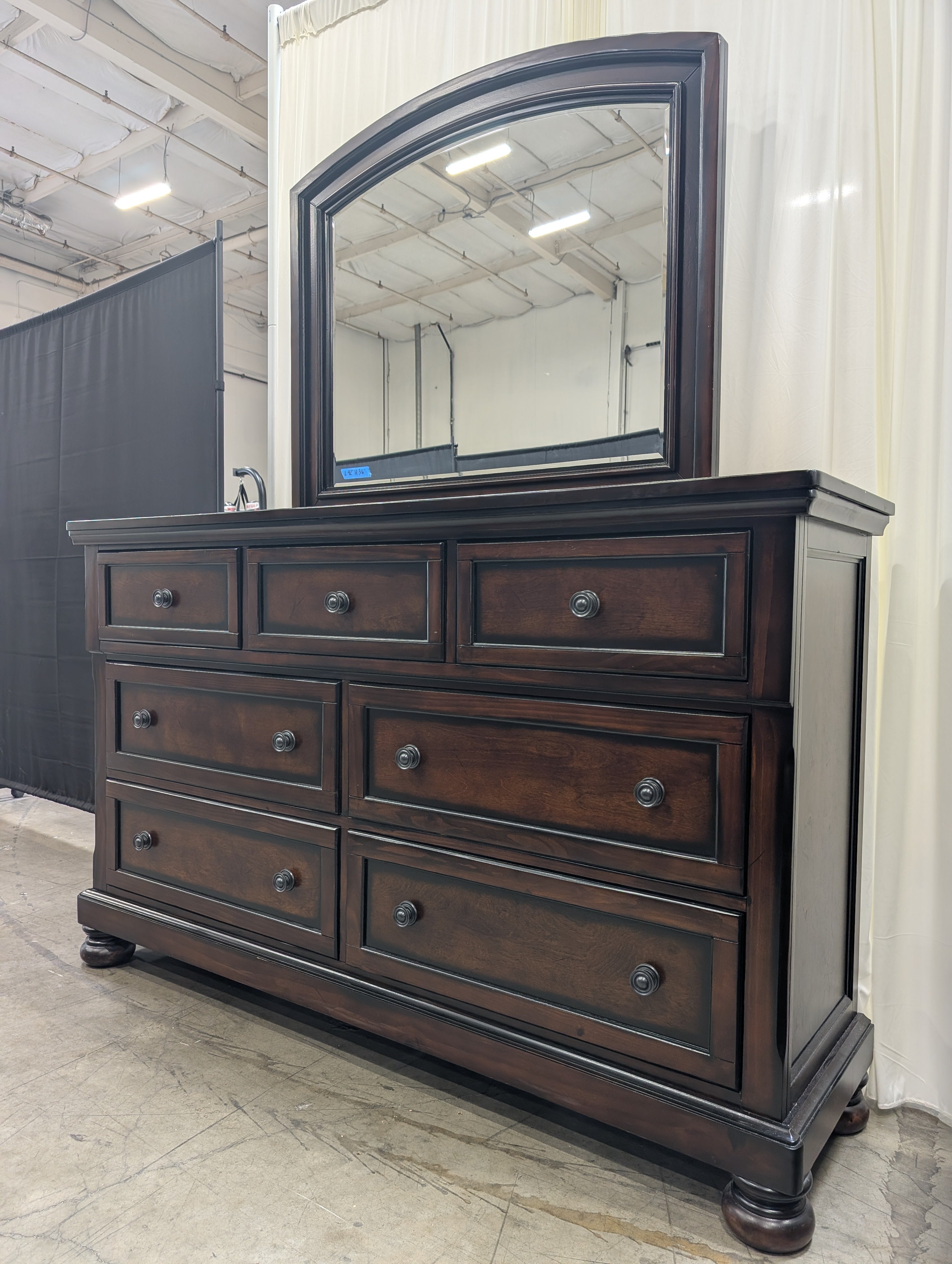 Dark Cherry Wood Dresser with Arched Mirror