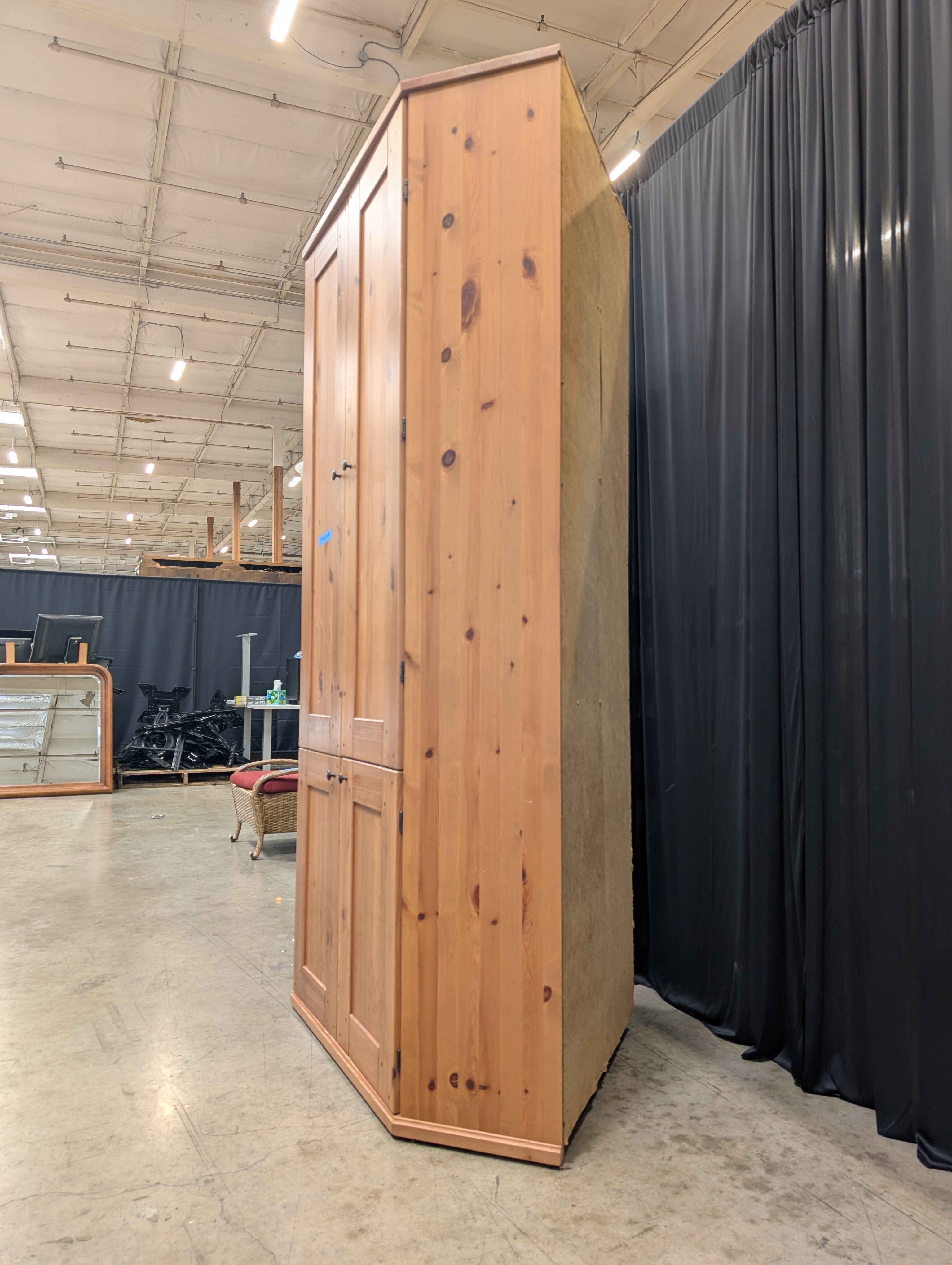 Rustic Pine Corner Armoire with Paneled Doors