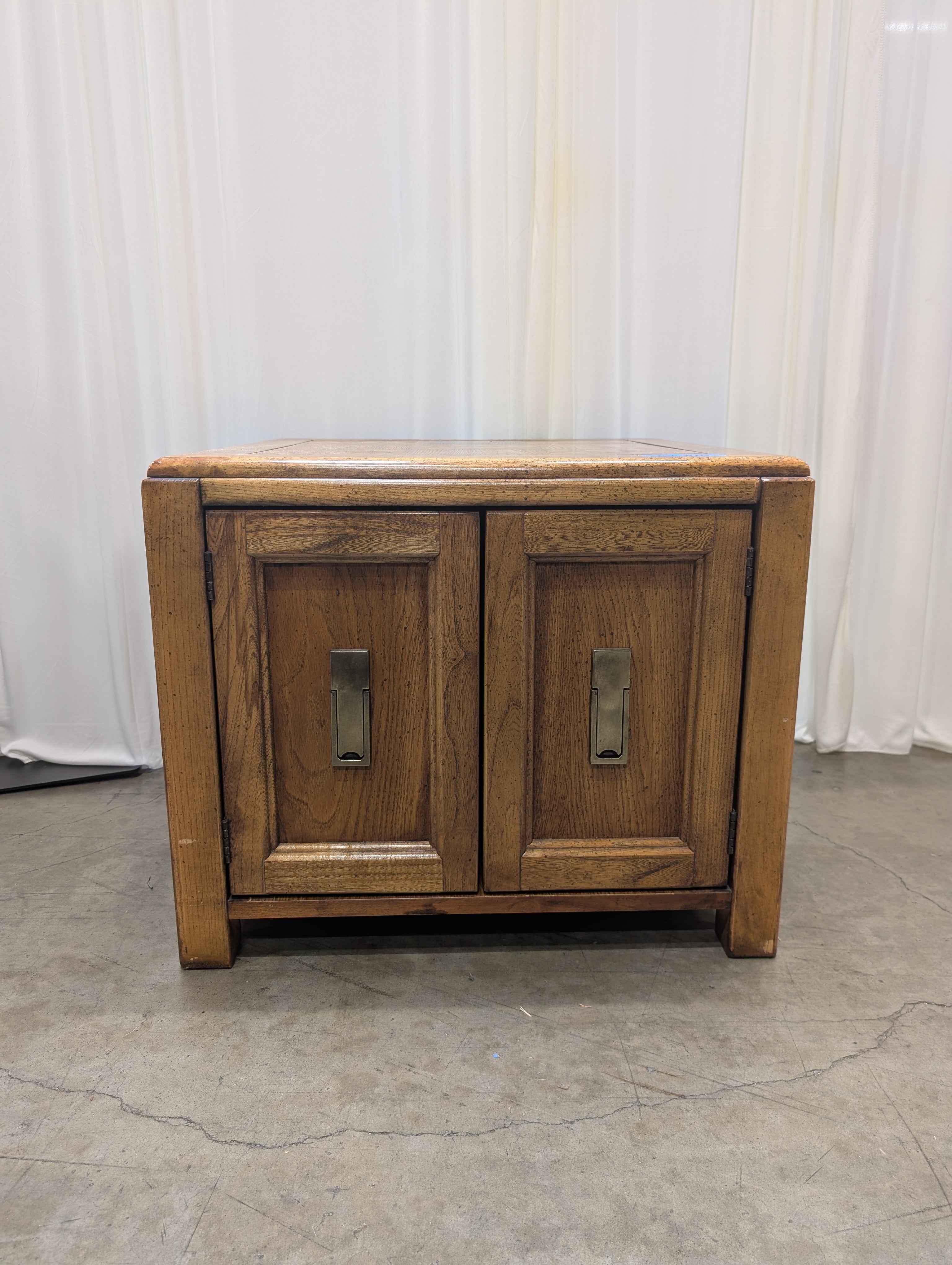 Vintage Oak Two-Door End Table with Brass Pulls