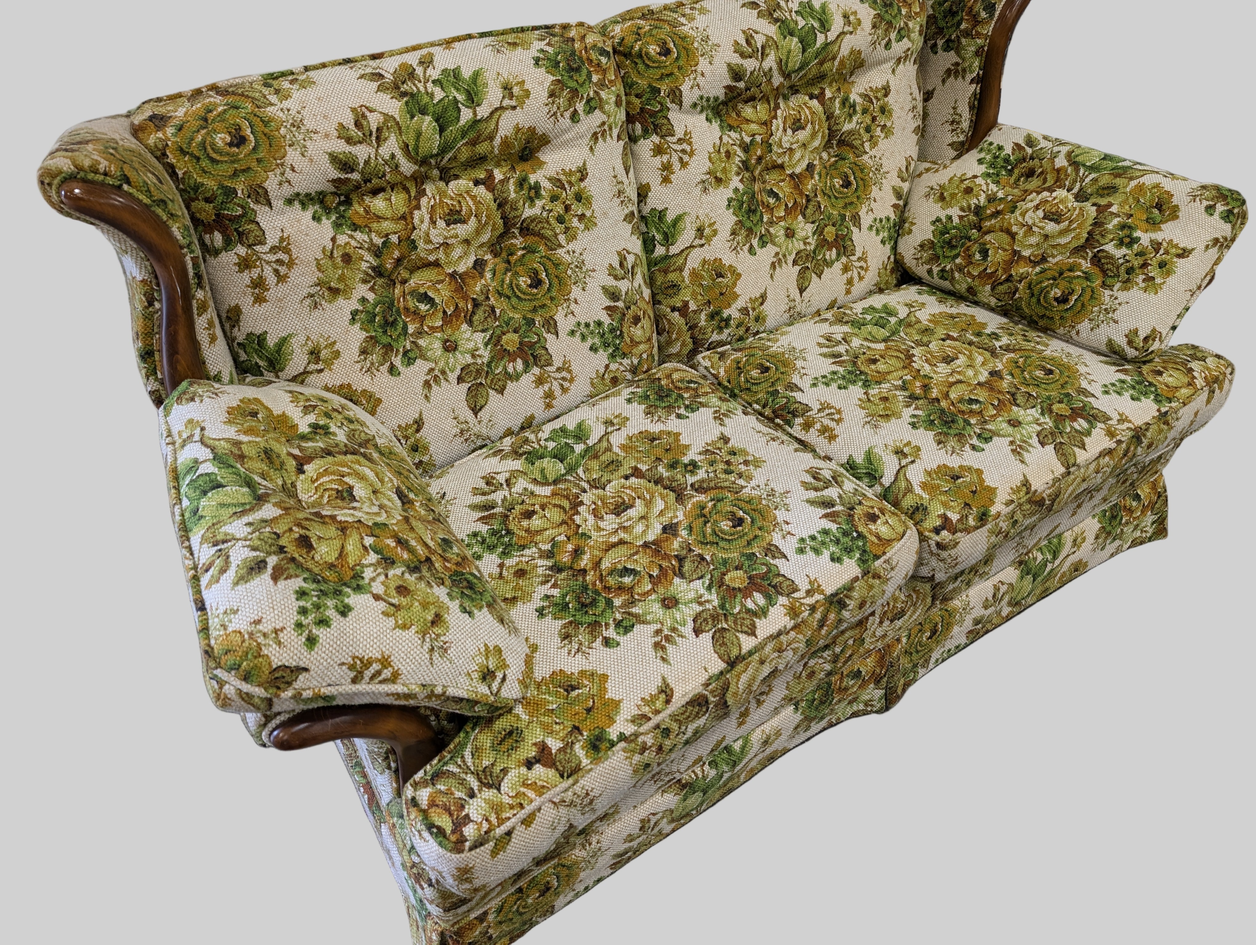 Vintage Floral Upholstered Two-Seater Sofa with Wood Accents