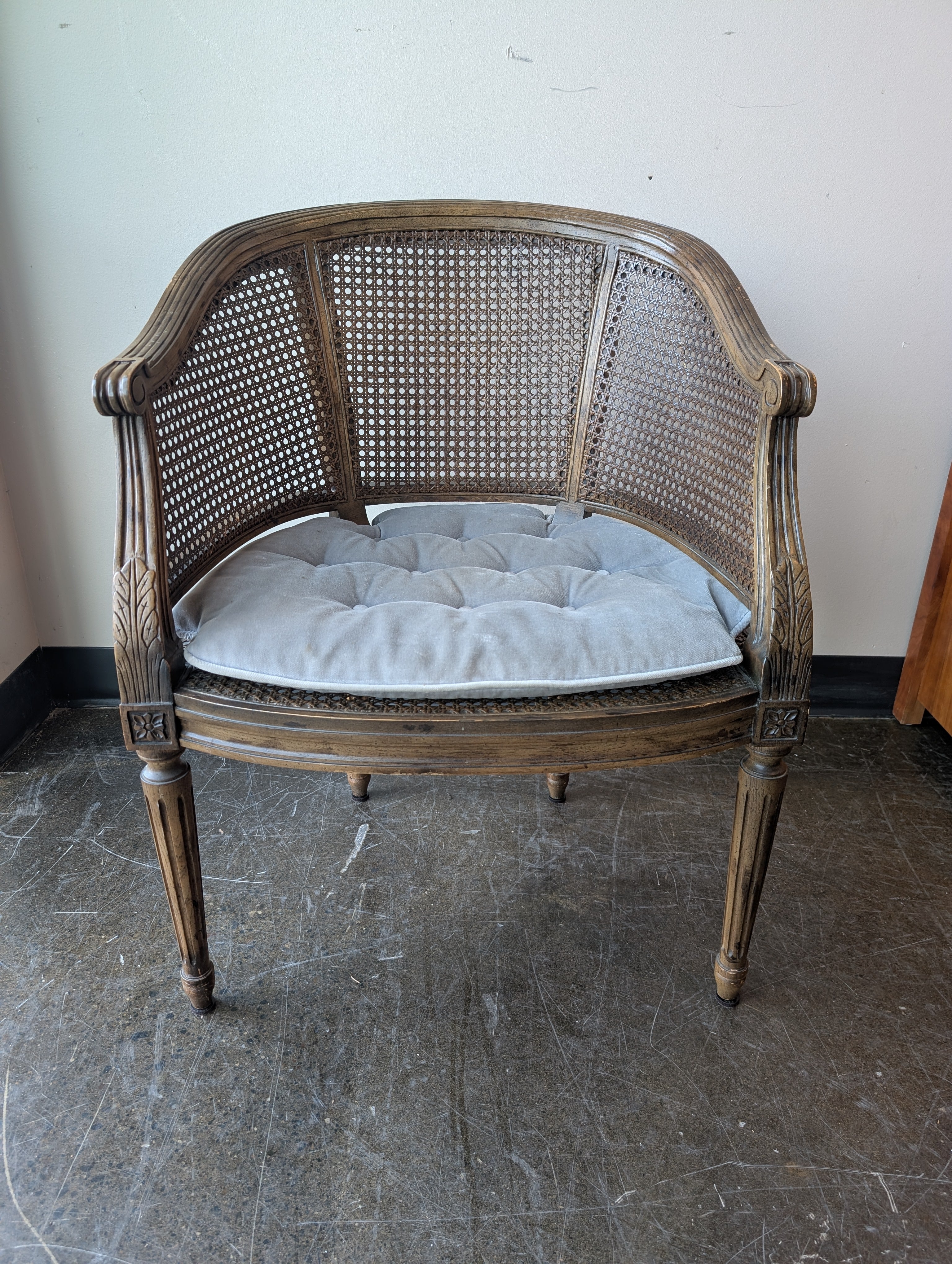 Vintage Cane Barrel Back Armchair with Tufted Cushion