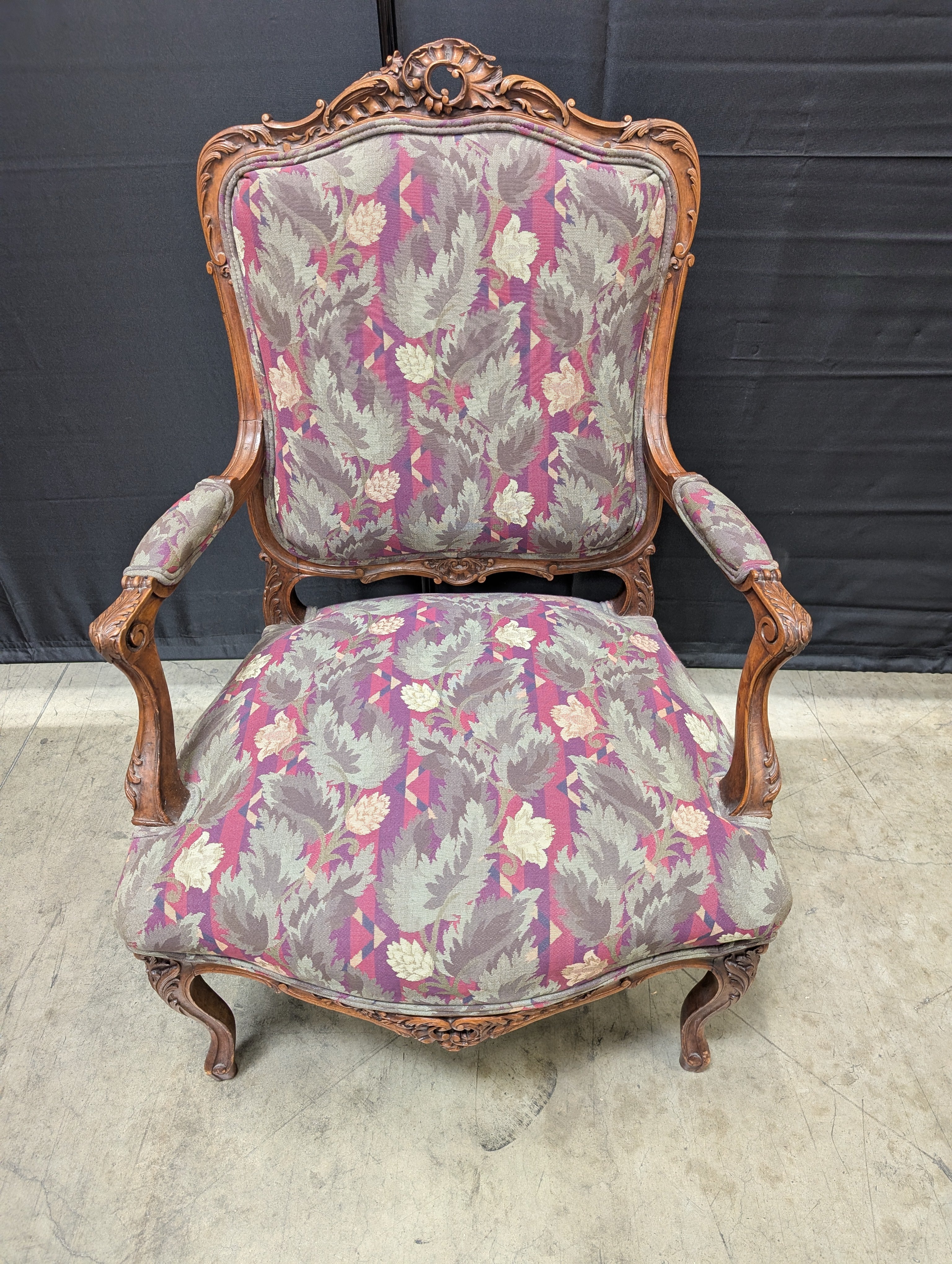 Vintage Carved Wood Armchair with Botanical Upholstery