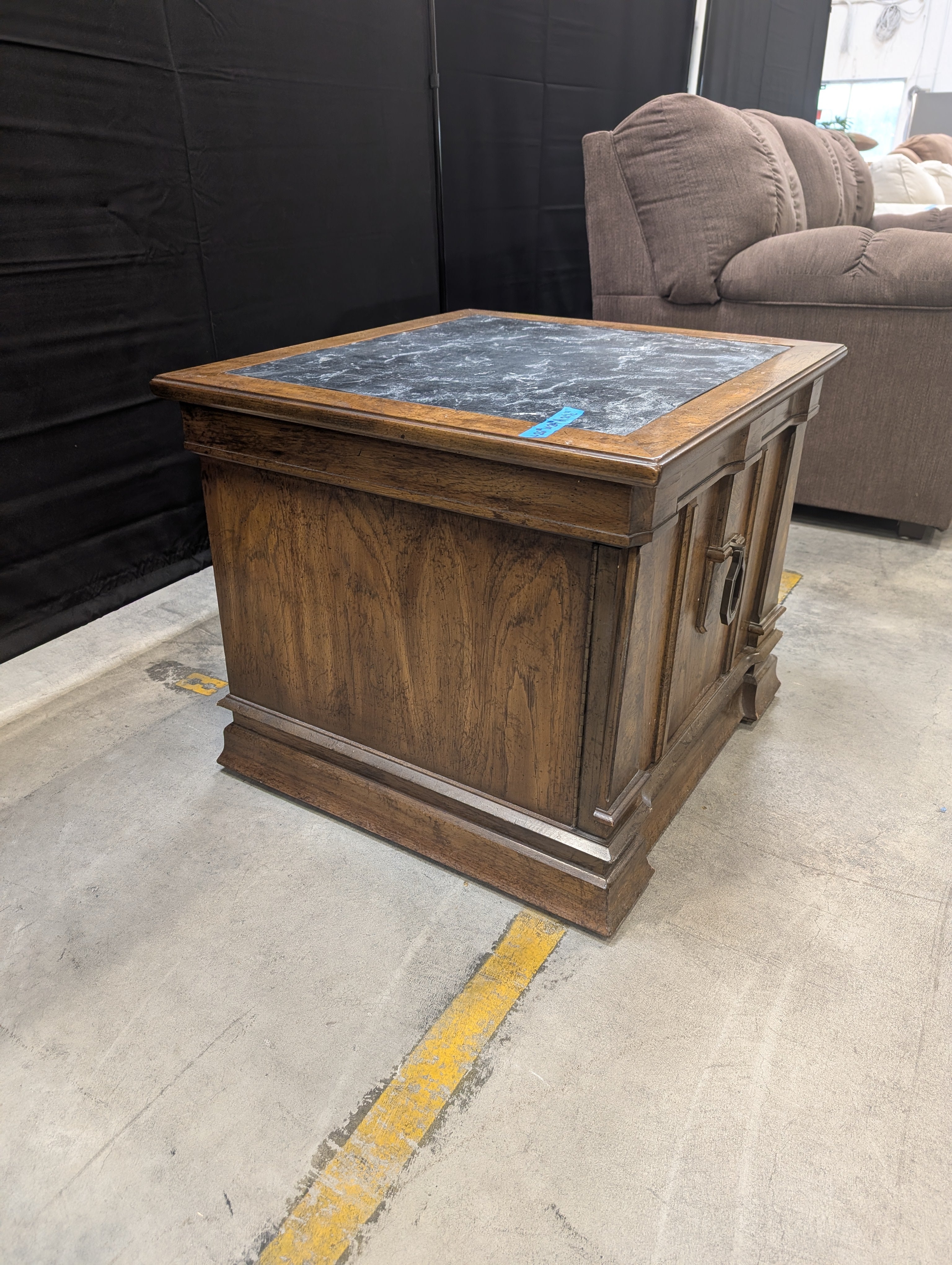Dark Wood Cabinet End Table with Marble Top