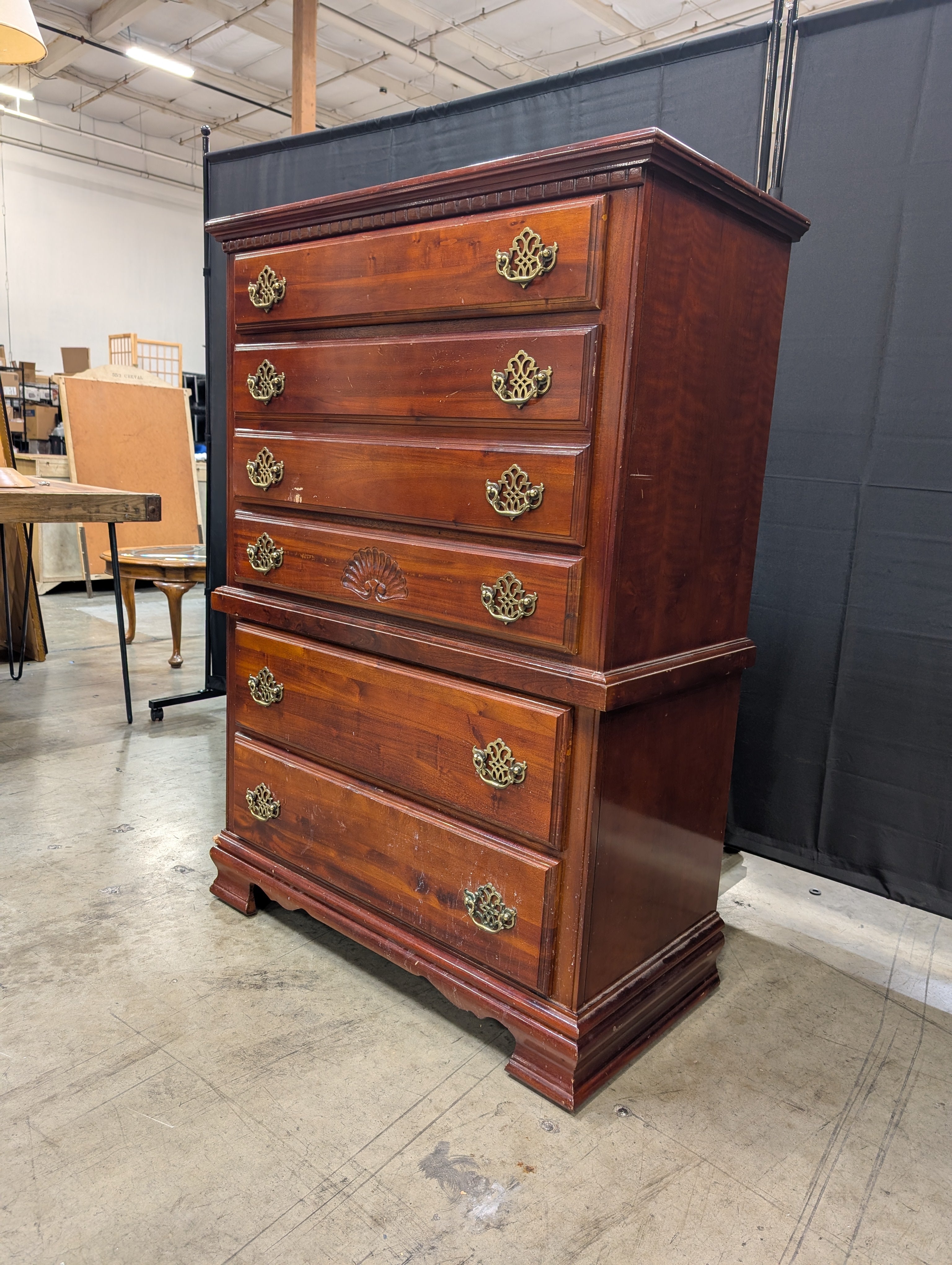 Classic Cherry Finish Tall Chest of Drawers with Brass Hardware
