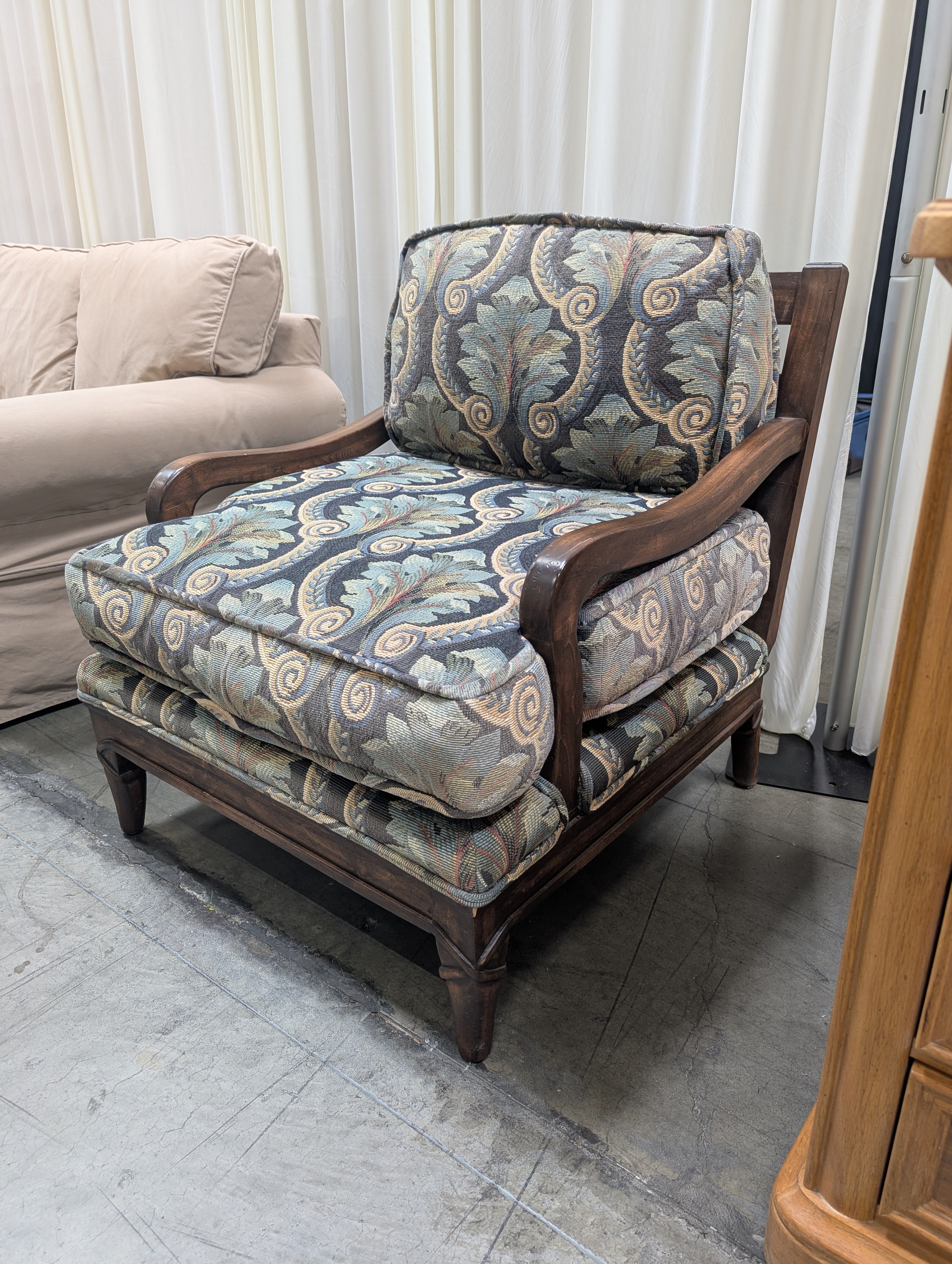 Carved Wood Accent Armchair with Tapestry Cushions