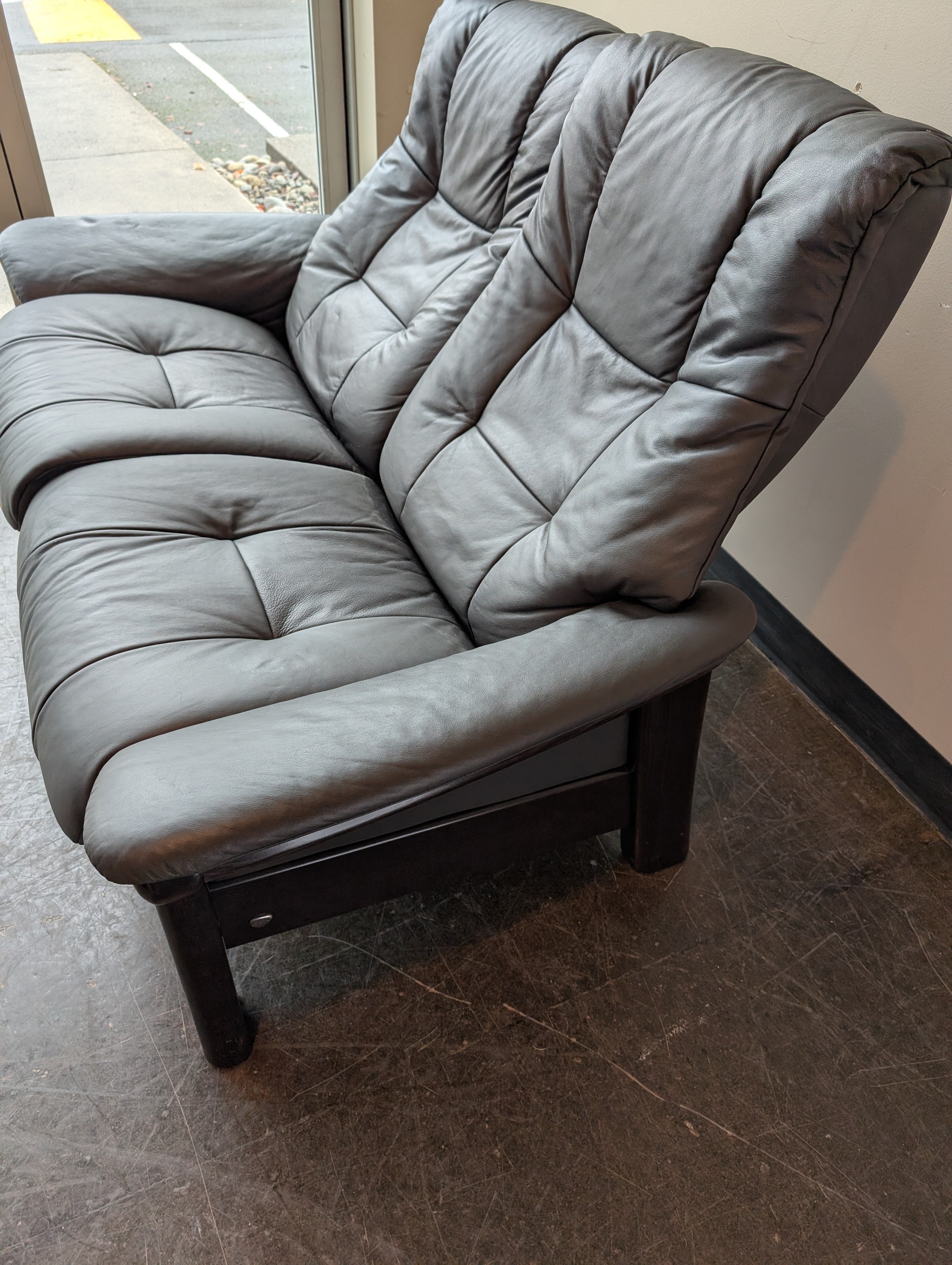 Dark Gray Leather Stressless Windsor High Back Two-Seater Reclining Loveseat