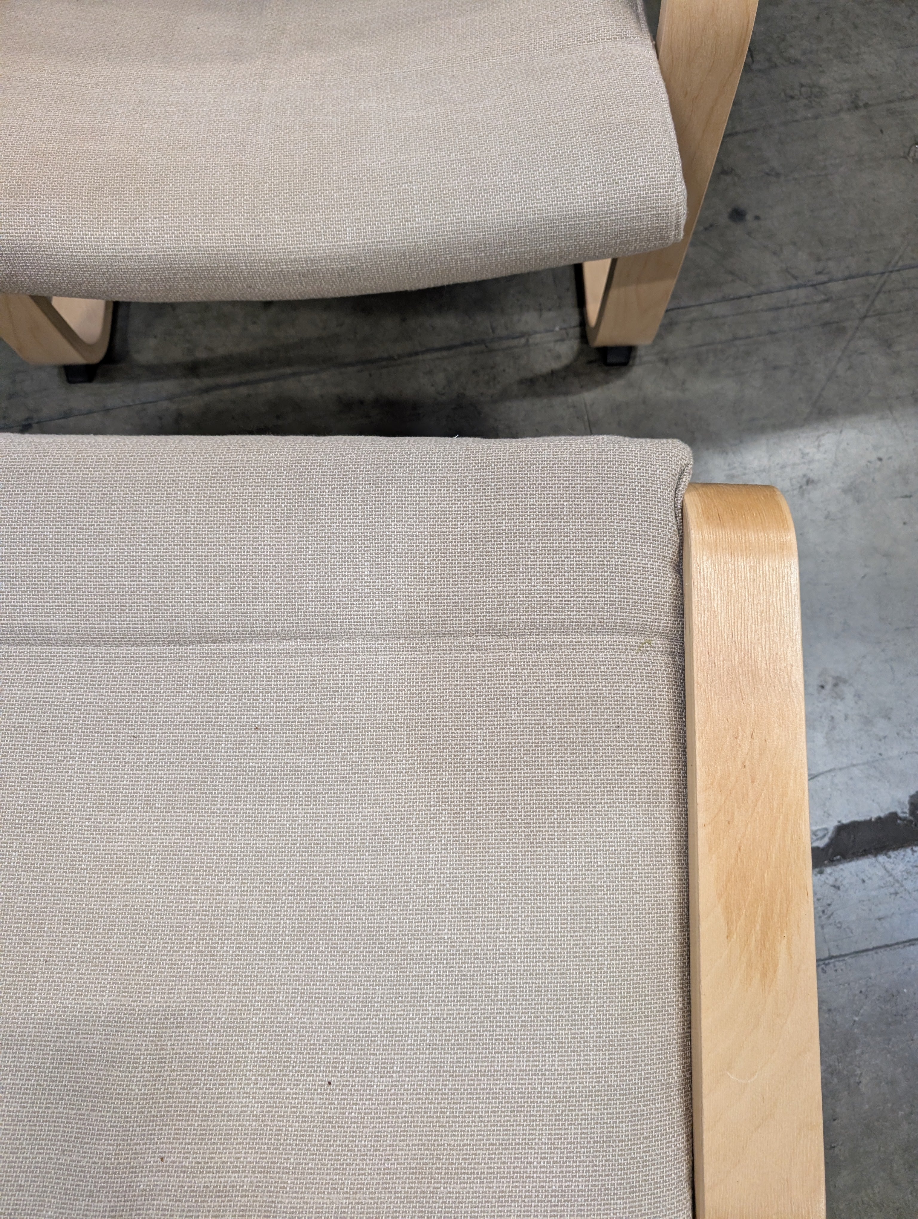 Used IKEA Poäng Armchair and Ottoman Set, Wood Frame, Beige Fabric