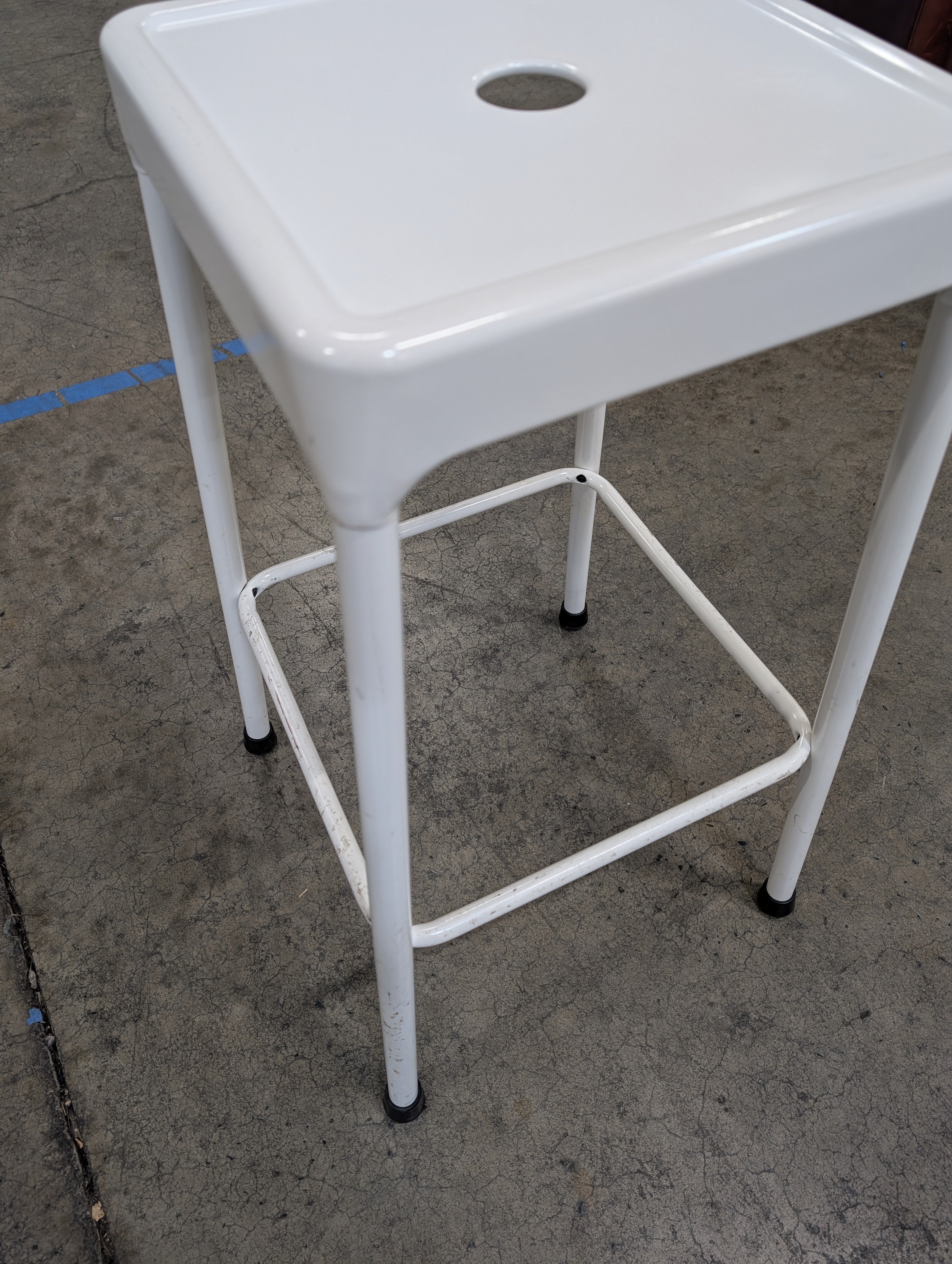 Modern Industrial White Metal Stool with Round Cutout
