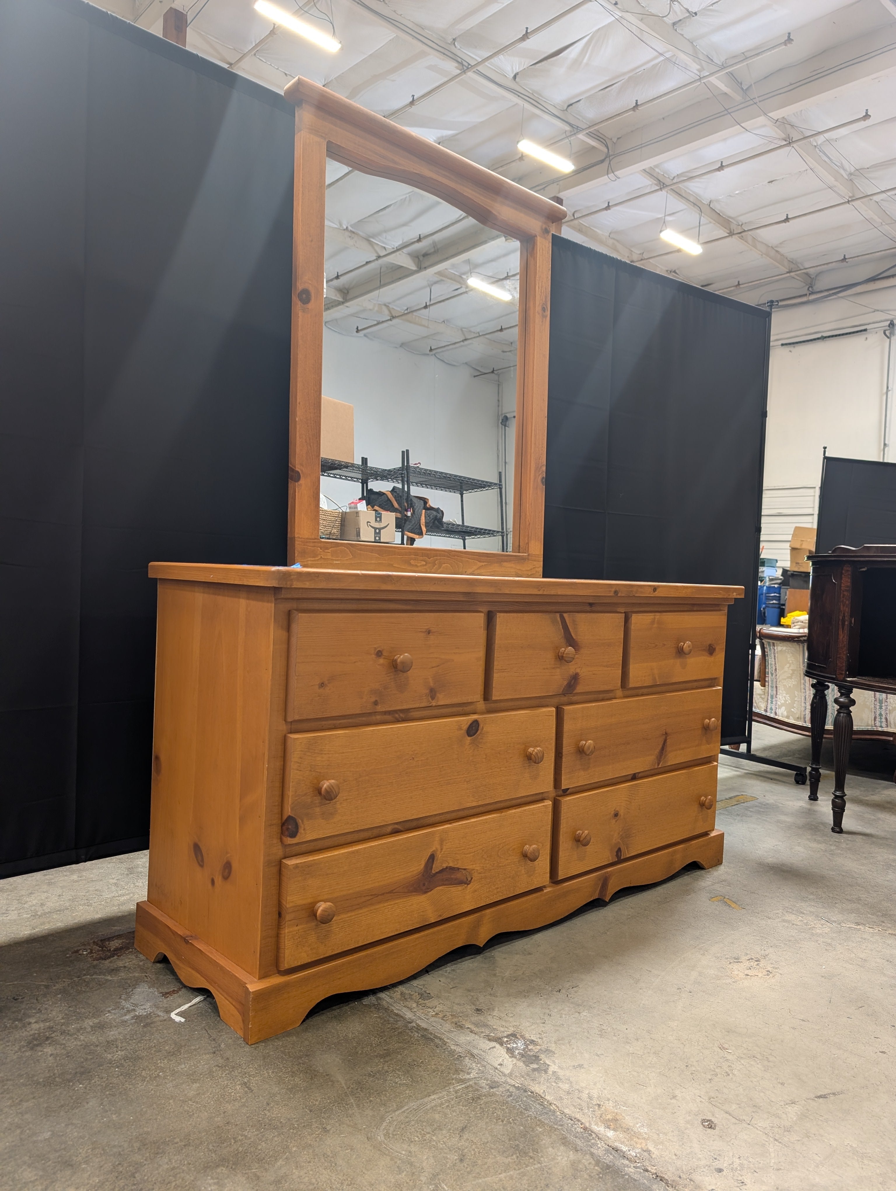 Solid Wood Dresser with Matching Arched Mirror, Honey Pine Finish