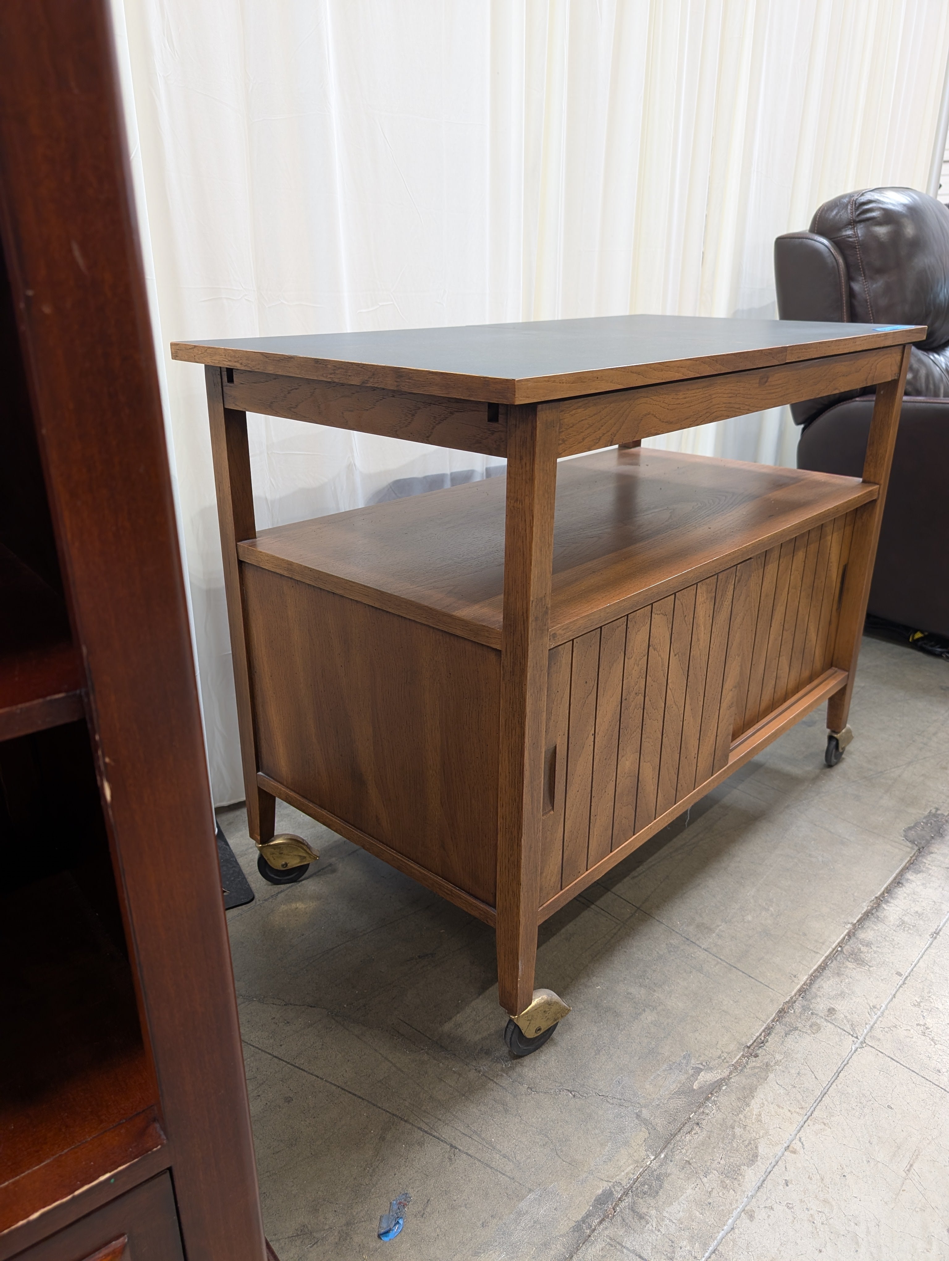 Mid-Century Rolling Wood Desk with Sliding Top