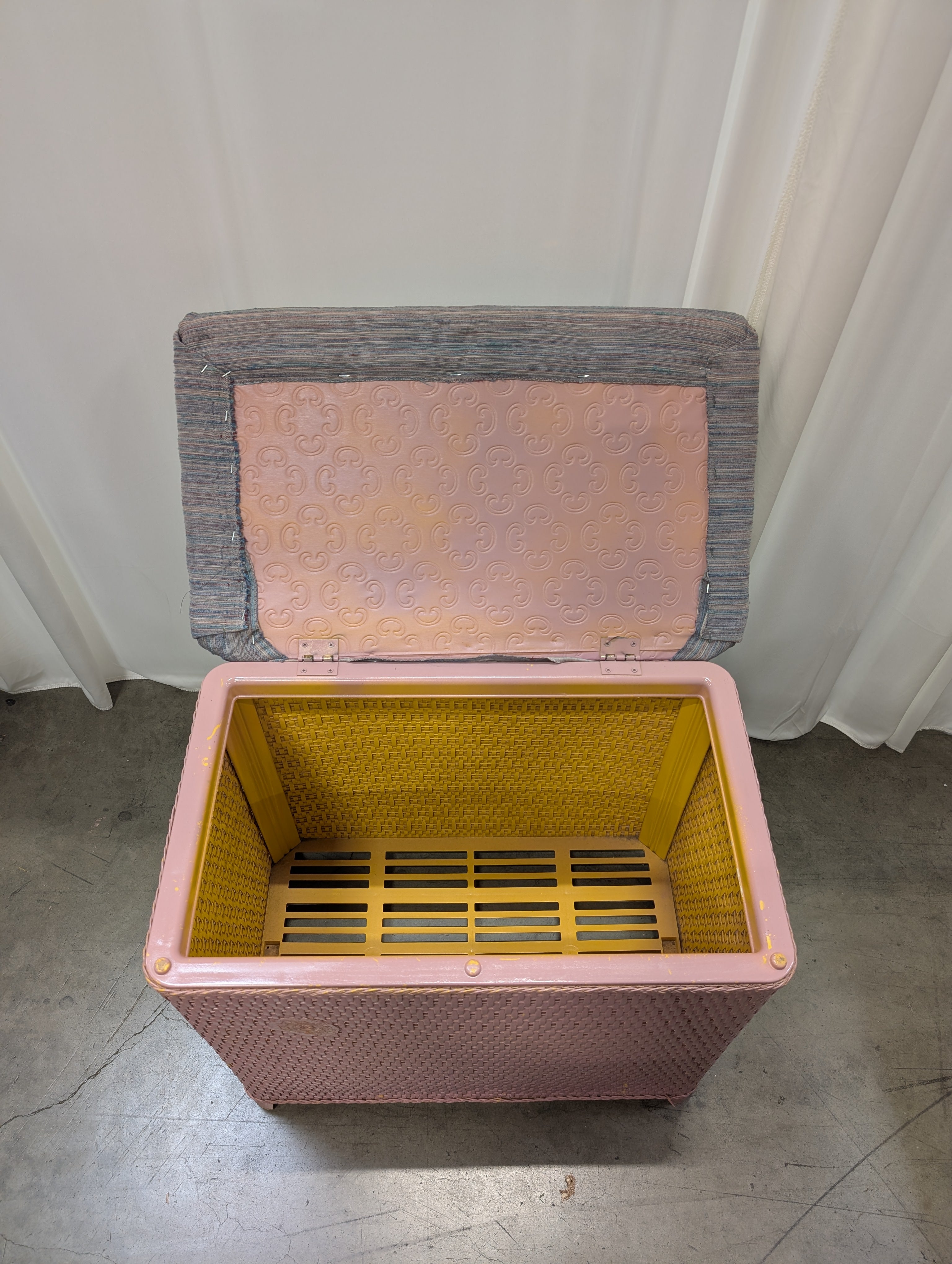 Pink Woven Wicker Storage Ottoman with Padded Lid