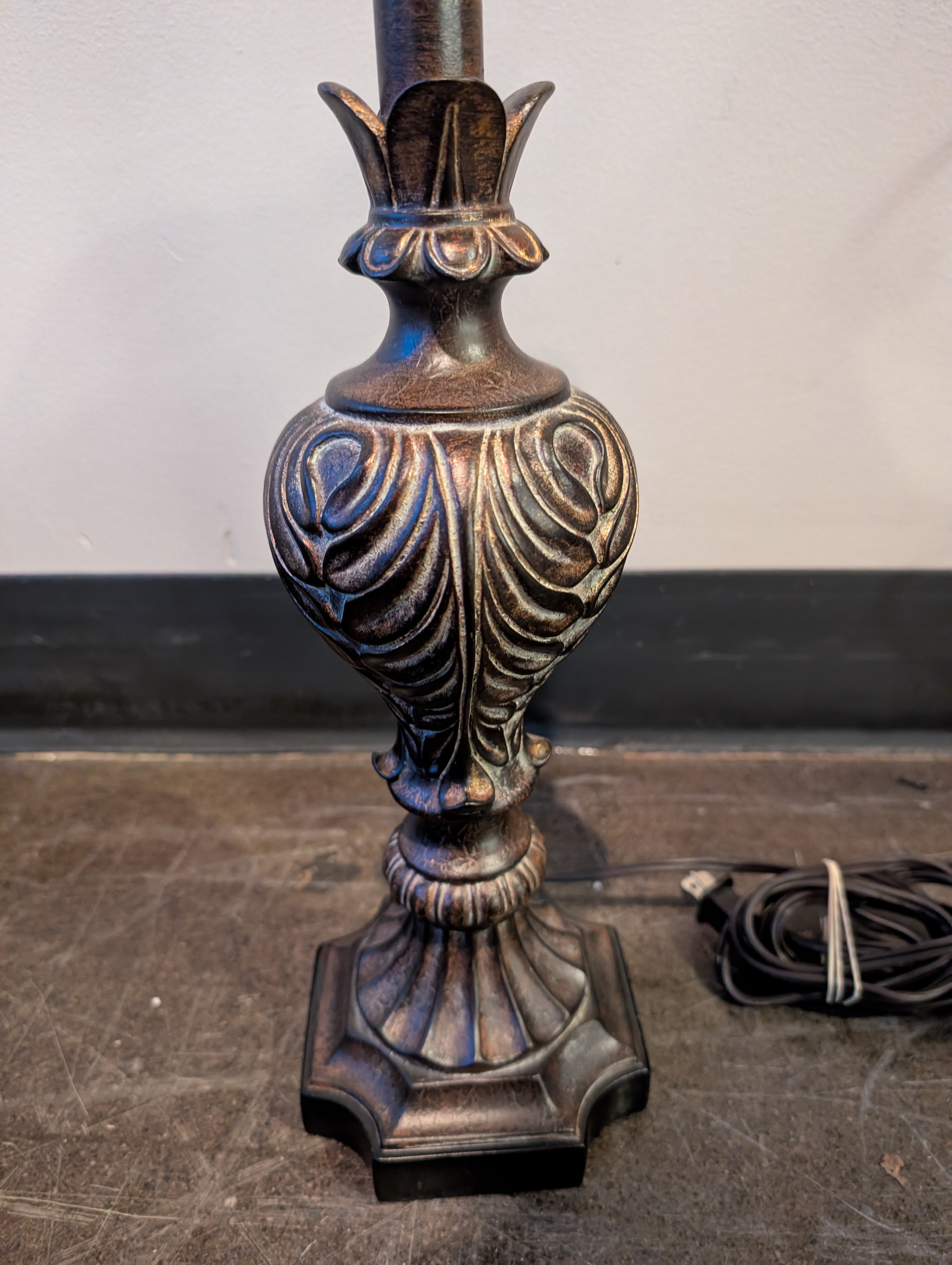 Ornate Bronze Finish Table Lamp with Tapered Fabric Shade