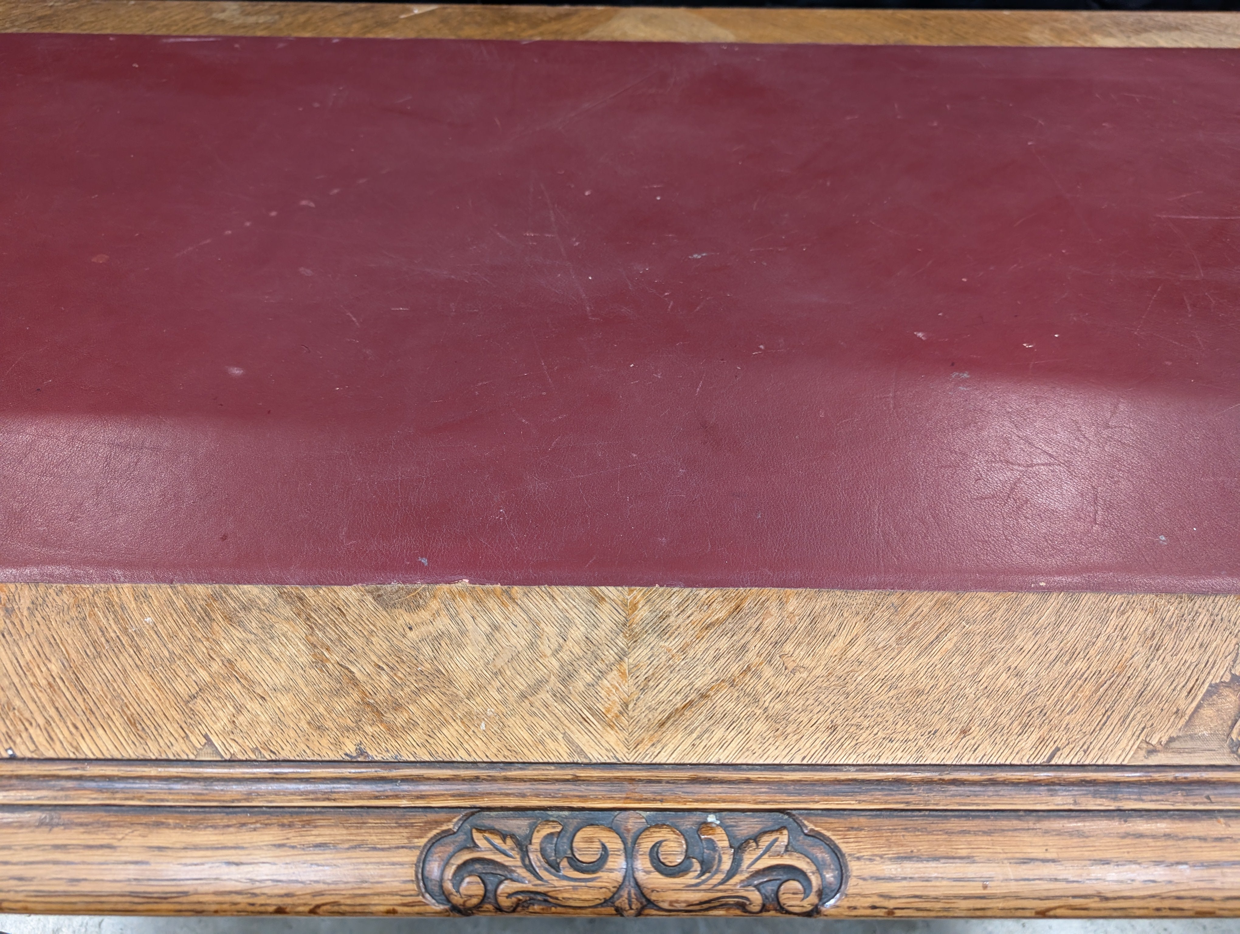 Ornate Carved Wood Desk with Reddish-Brown Top