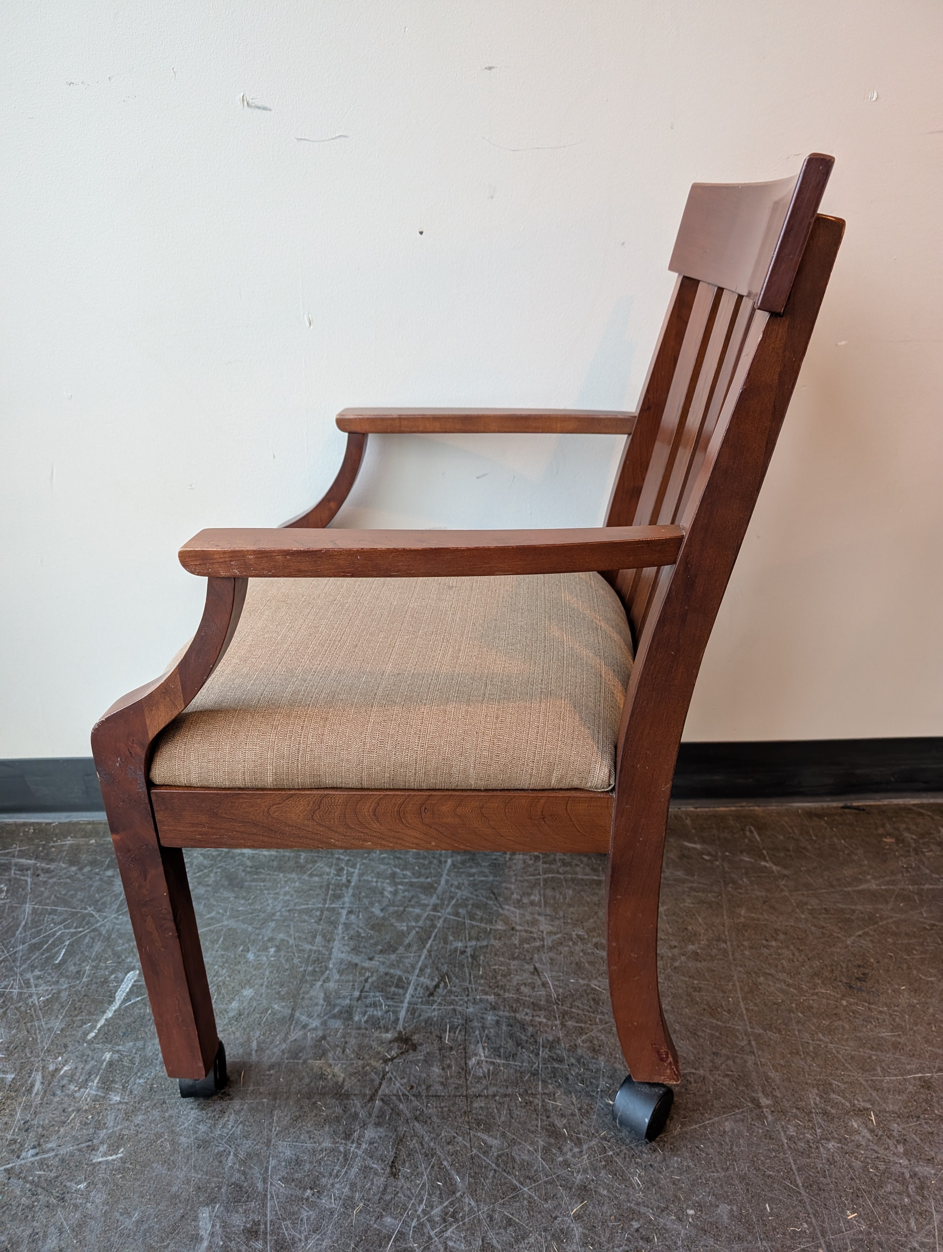 Brown Wood Armchair with Slatted Back and Upholstered Seat