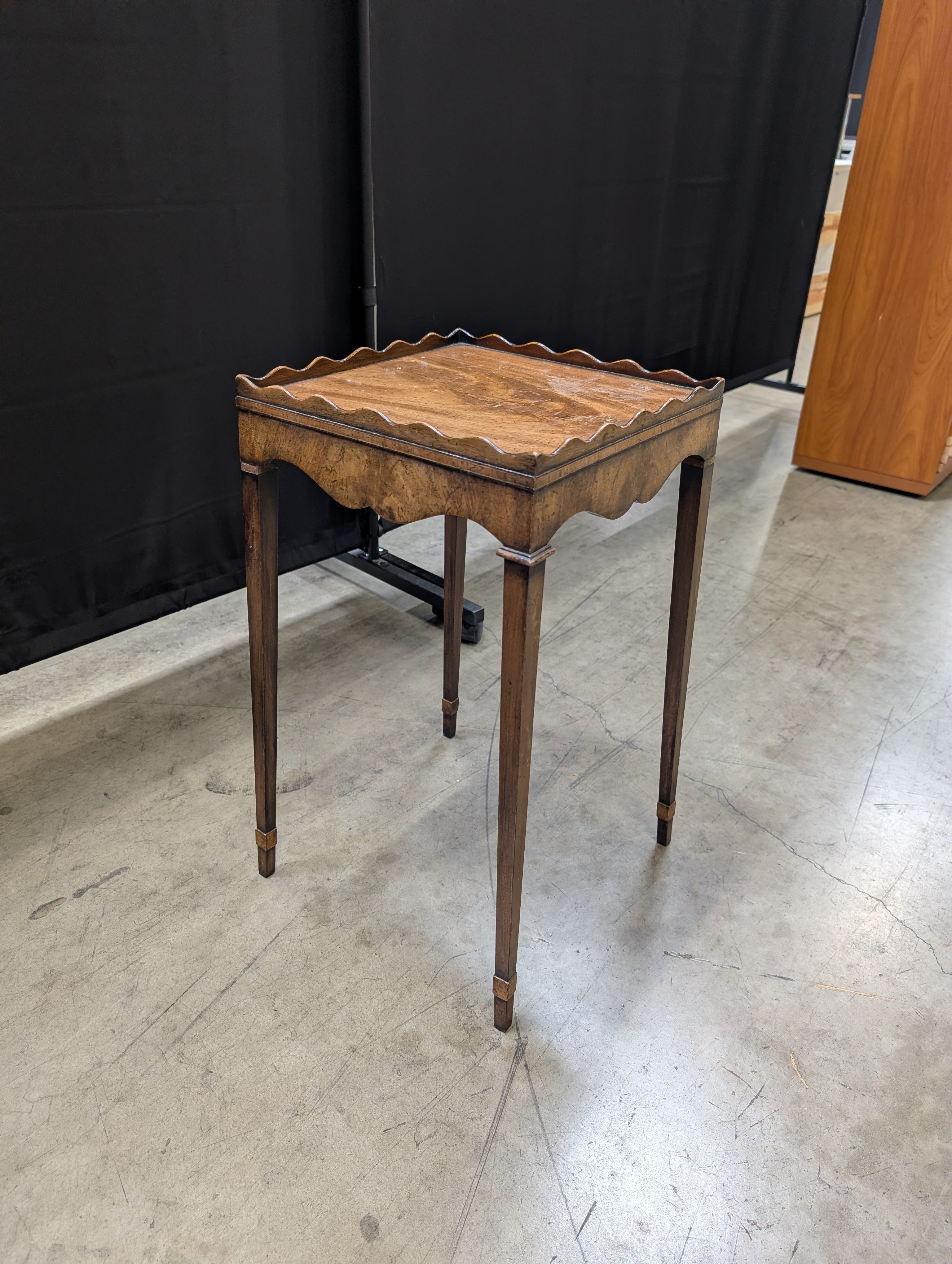 Vintage Brown Wood Side Table with Scalloped Tray Top