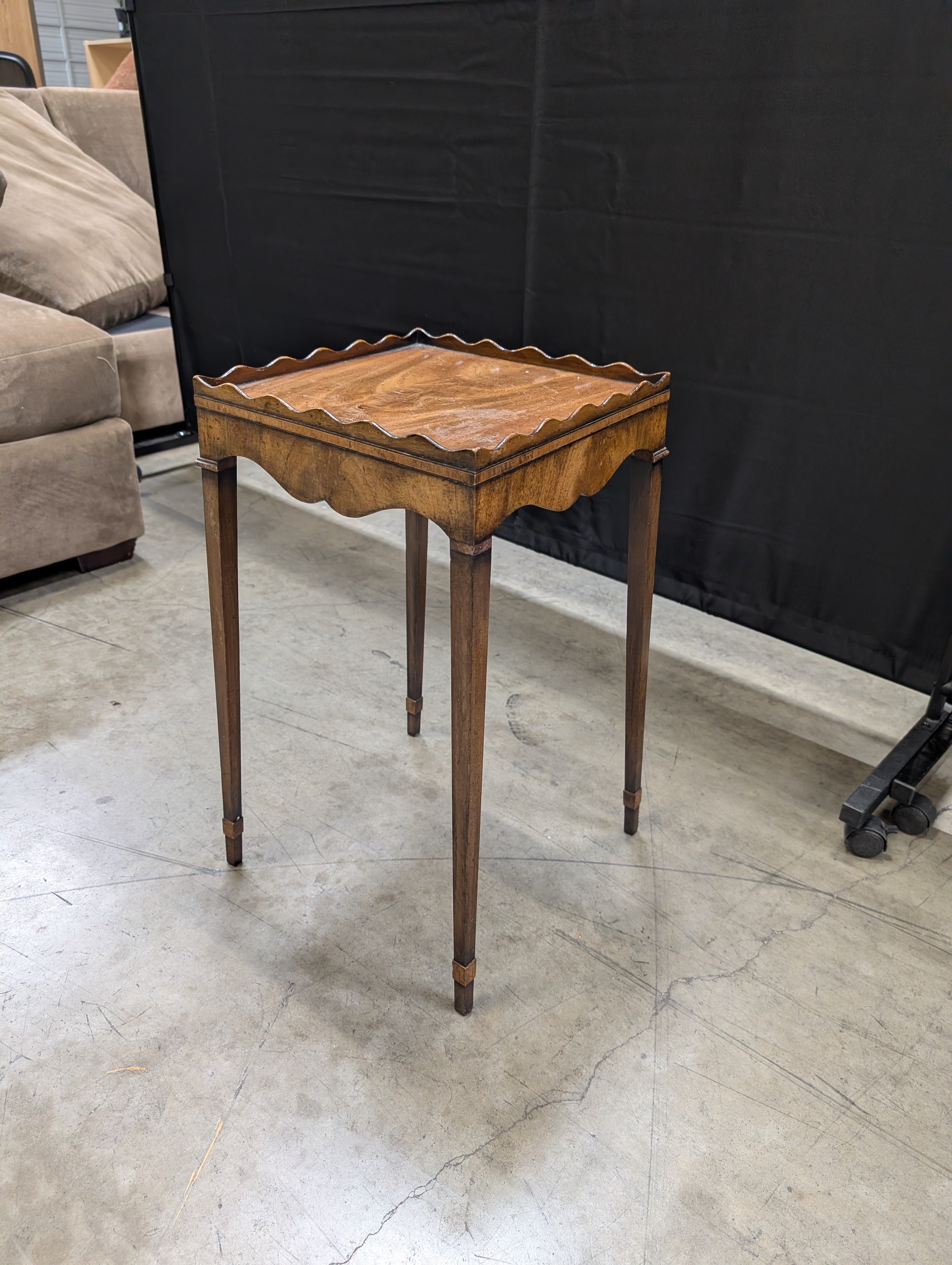 Vintage Brown Wood Side Table with Scalloped Tray Top