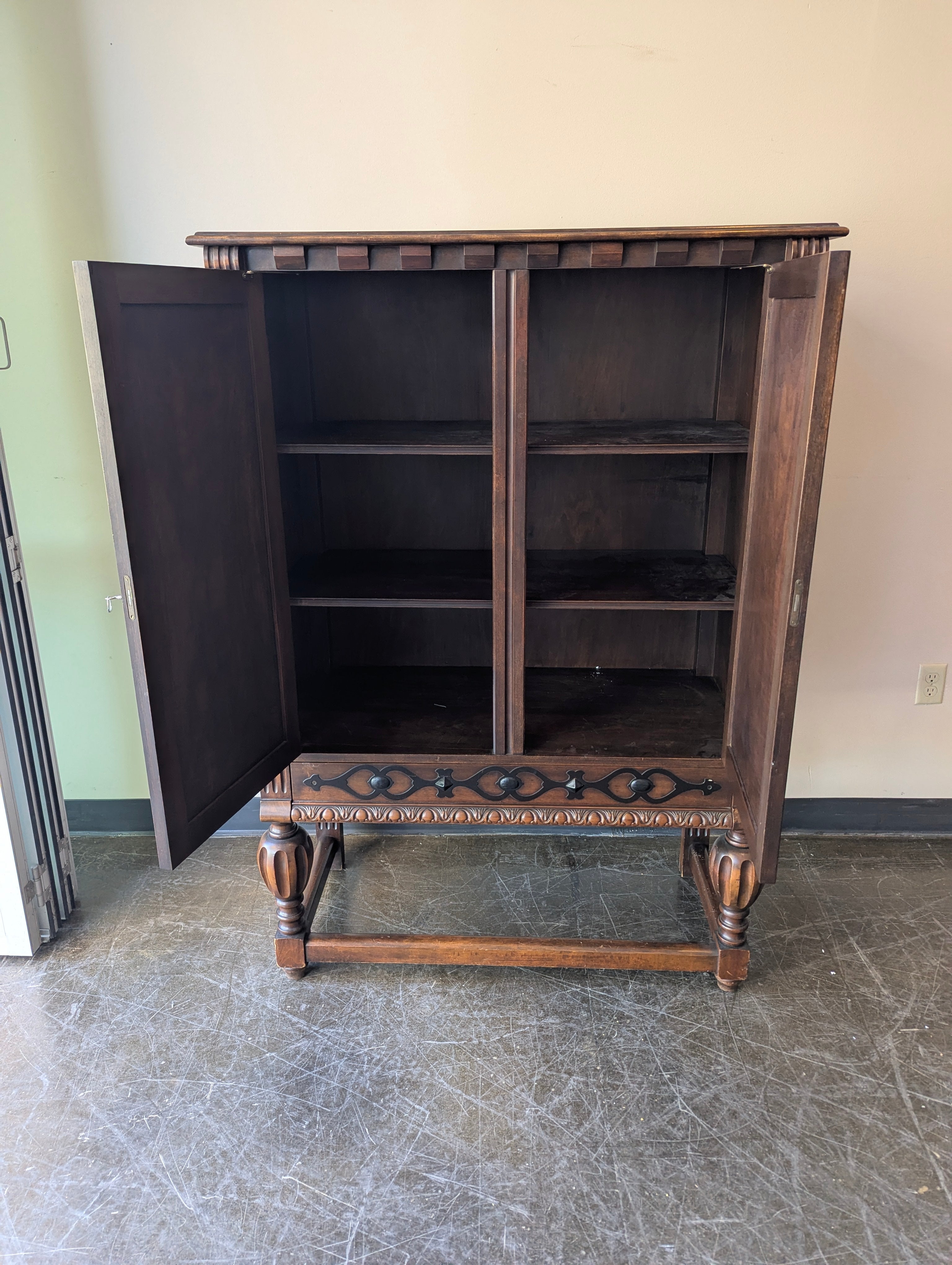 Vintage Dark Wood Display Cabinet with Carved Details