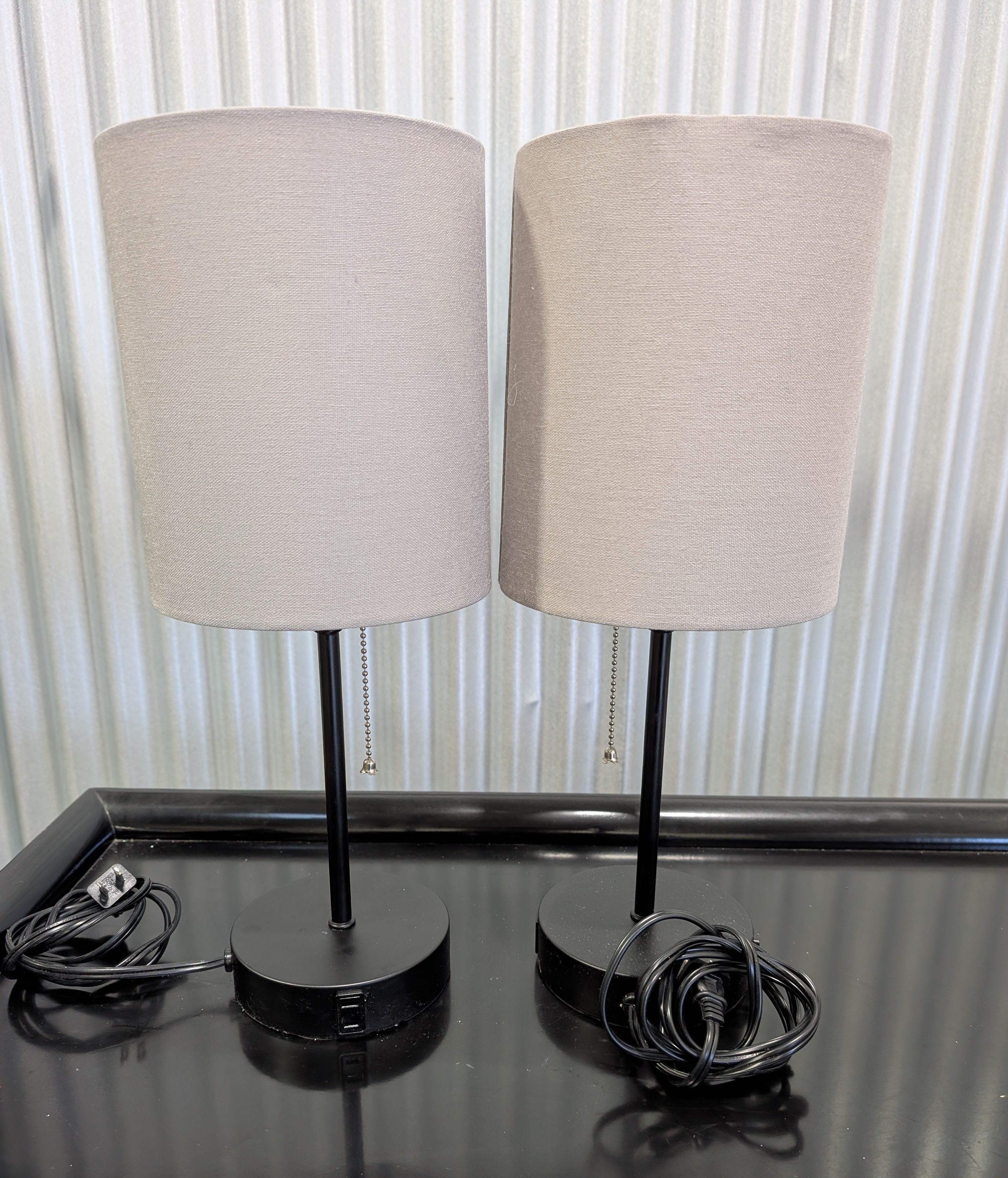 Pair of Modern Black Table Lamp with Grey Fabric Shade and USB Ports