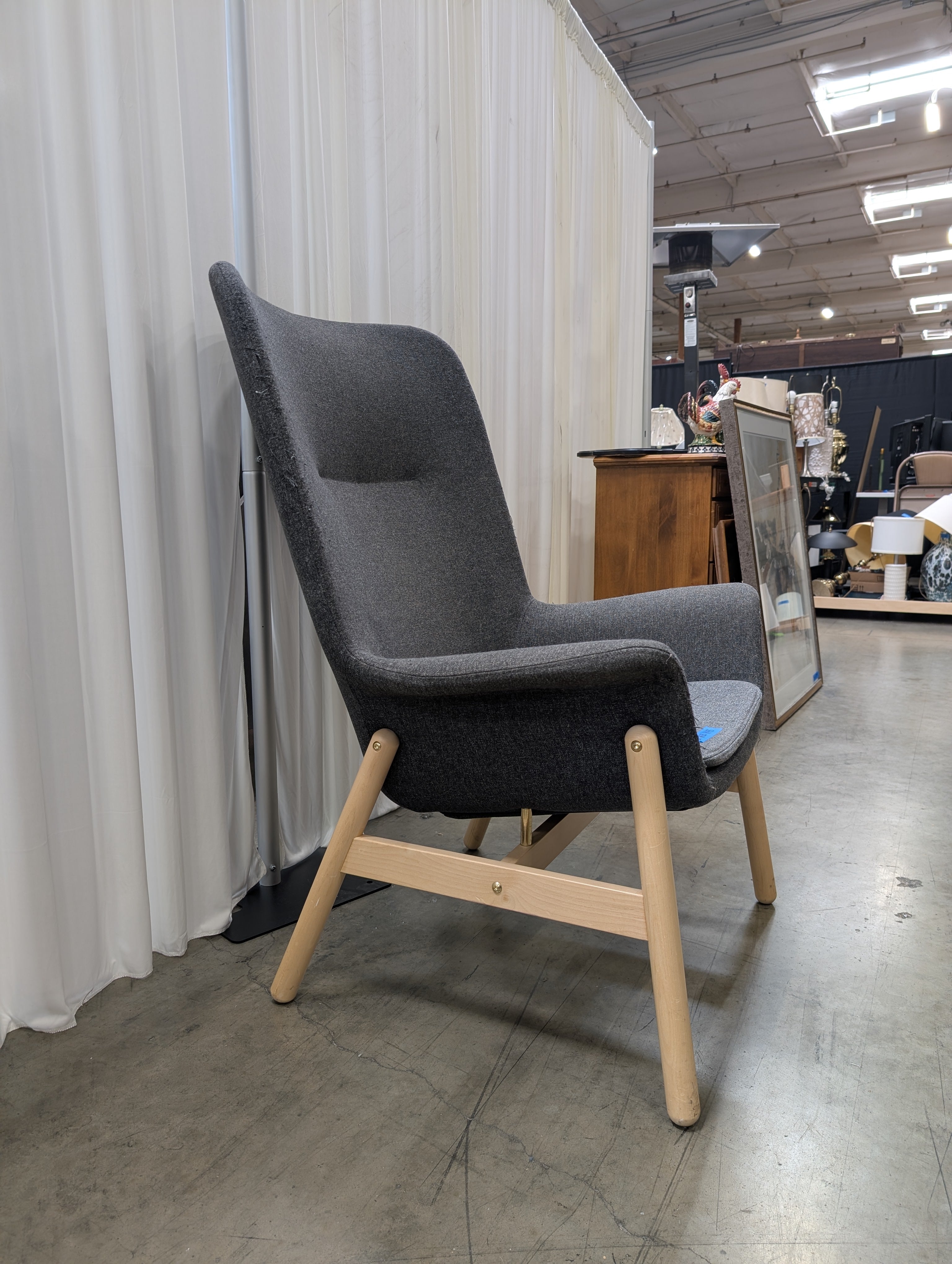 High-Back Charcoal Fabric Accent Chair with Wood Legs