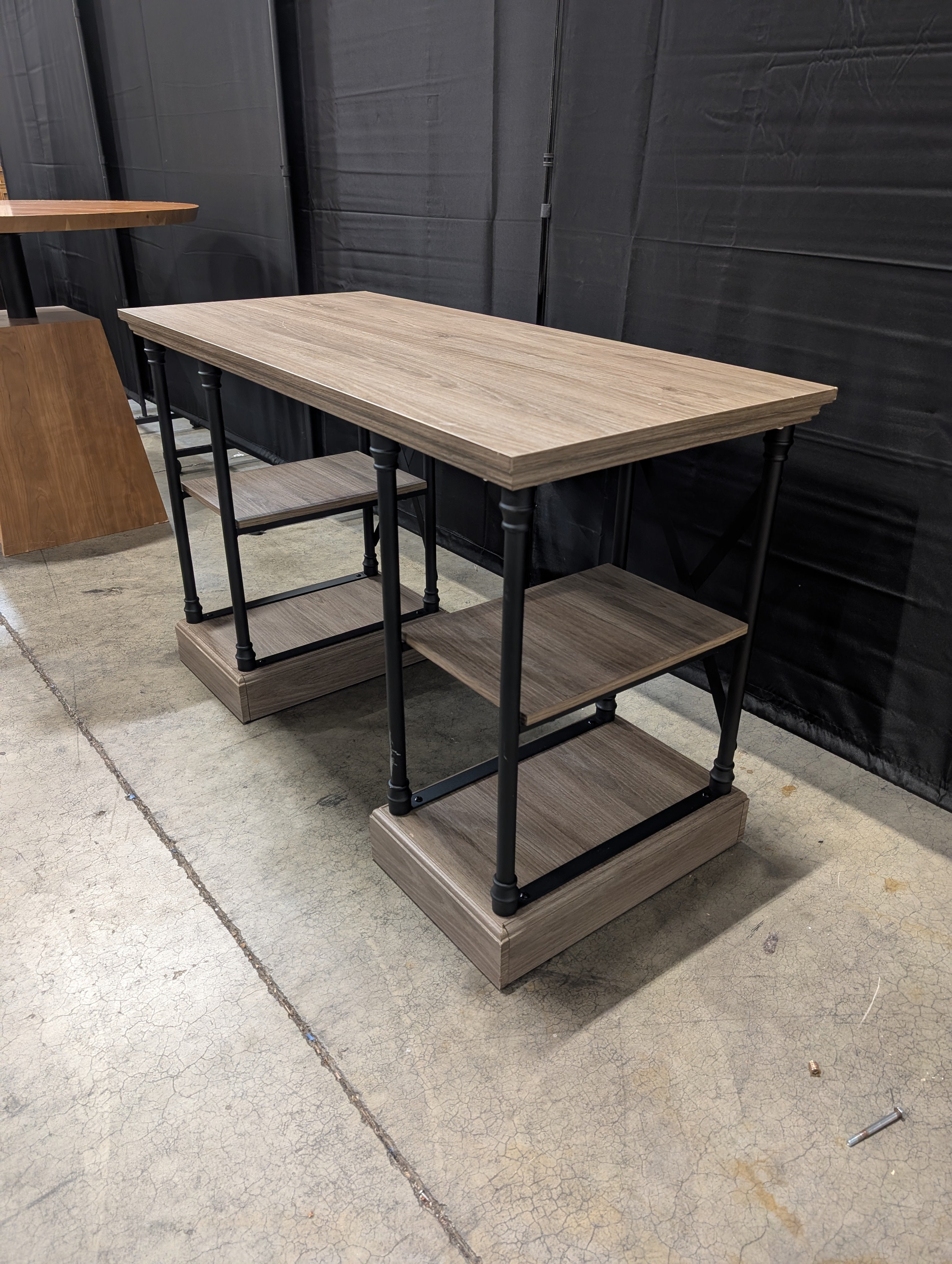 Light Wood Grain Laminate Desk with Black Metal Supports