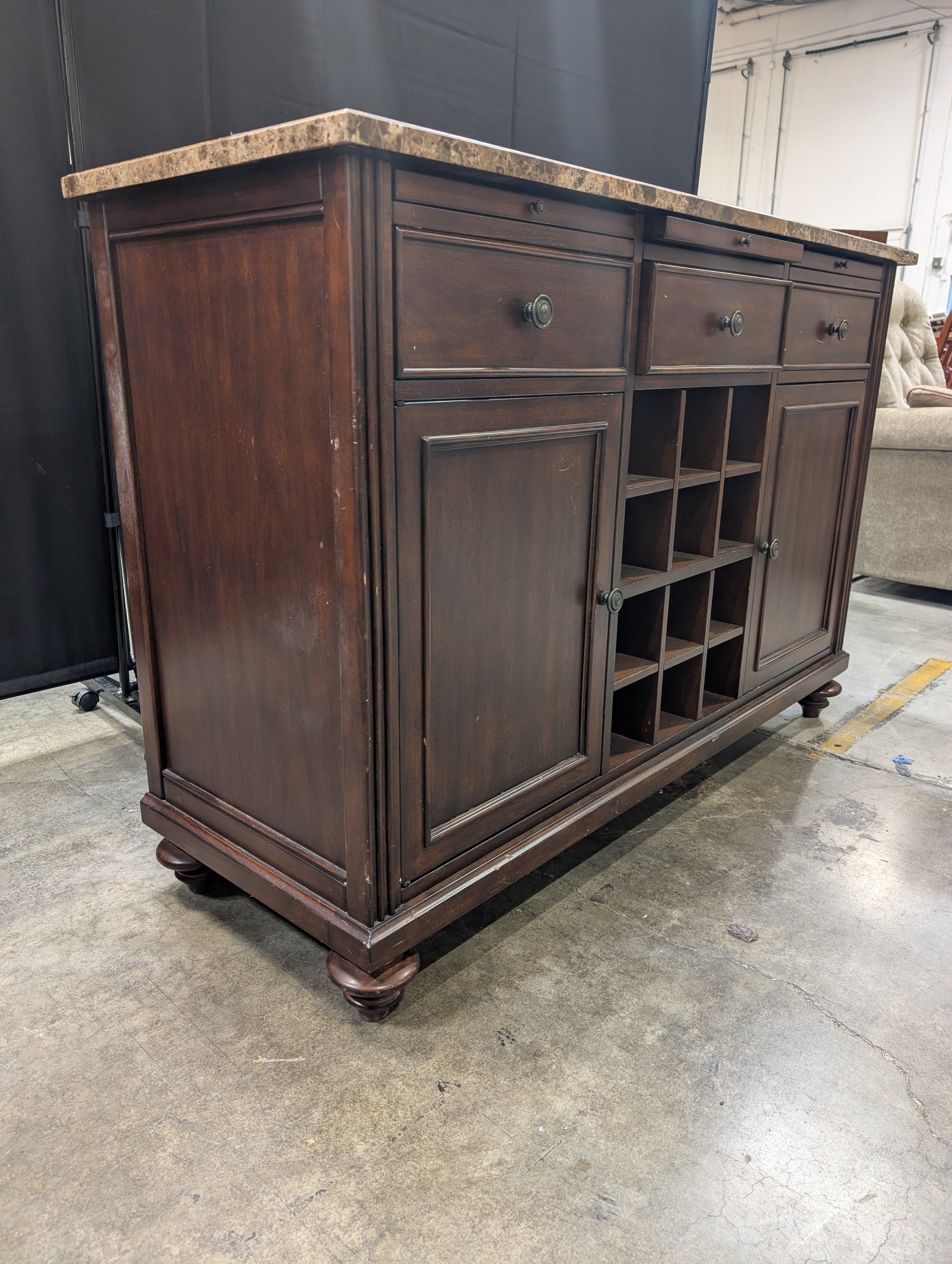 Dark Wood FLEXSTEEL Buffet Cabinet with Stone Top and Wine Storage
