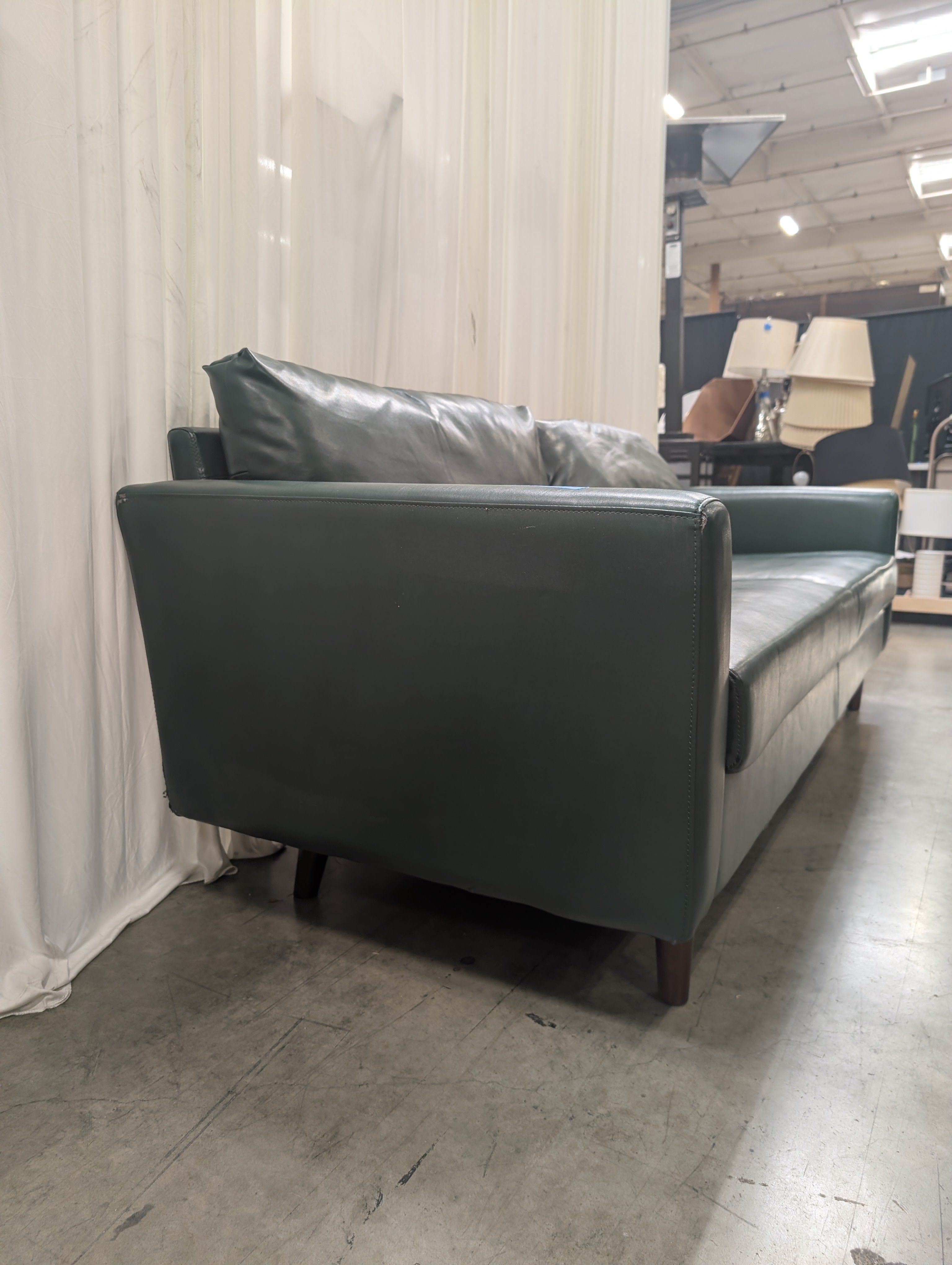 Hunter Green Mid-Century Couch in Faux Leather