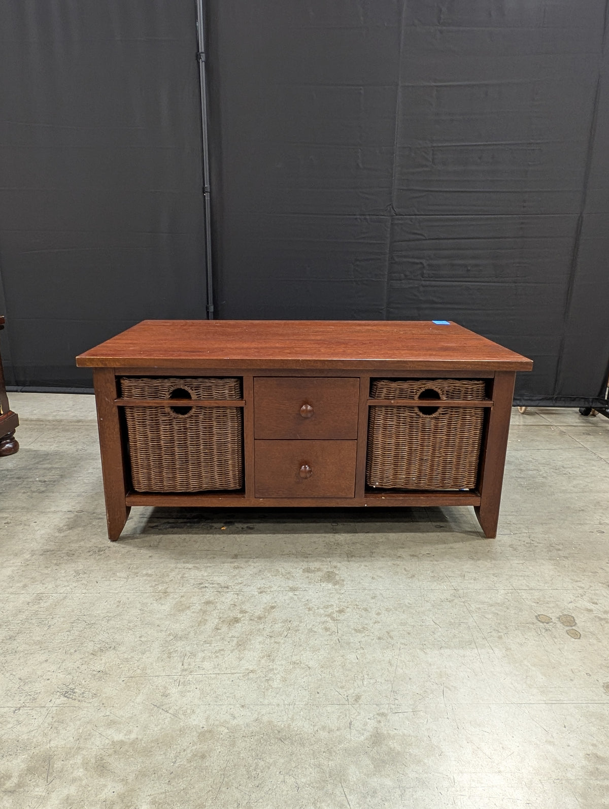 Dark Brown Wood Coffee Table with Wicker Storage Baskets