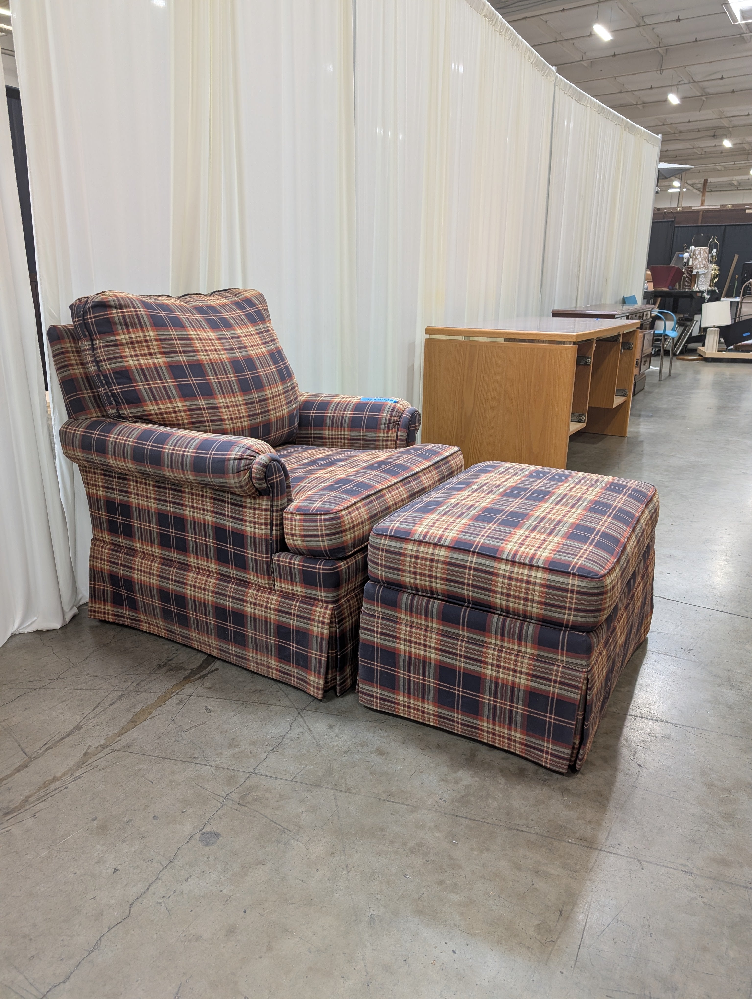 Ethan Allen Multi-Color Plaid Textile Armchair and Ottoman