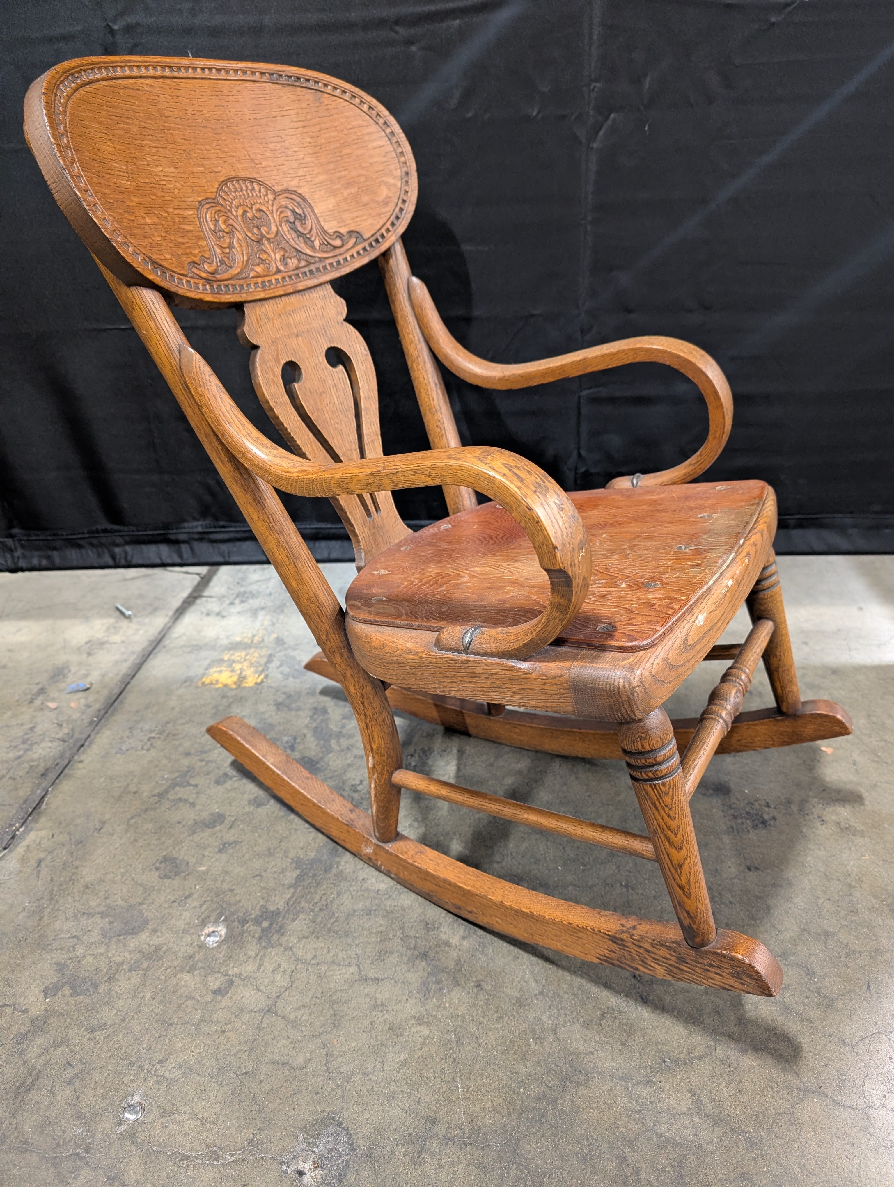 Vintage Carved Wood Rocking Chair with Spindle Legs