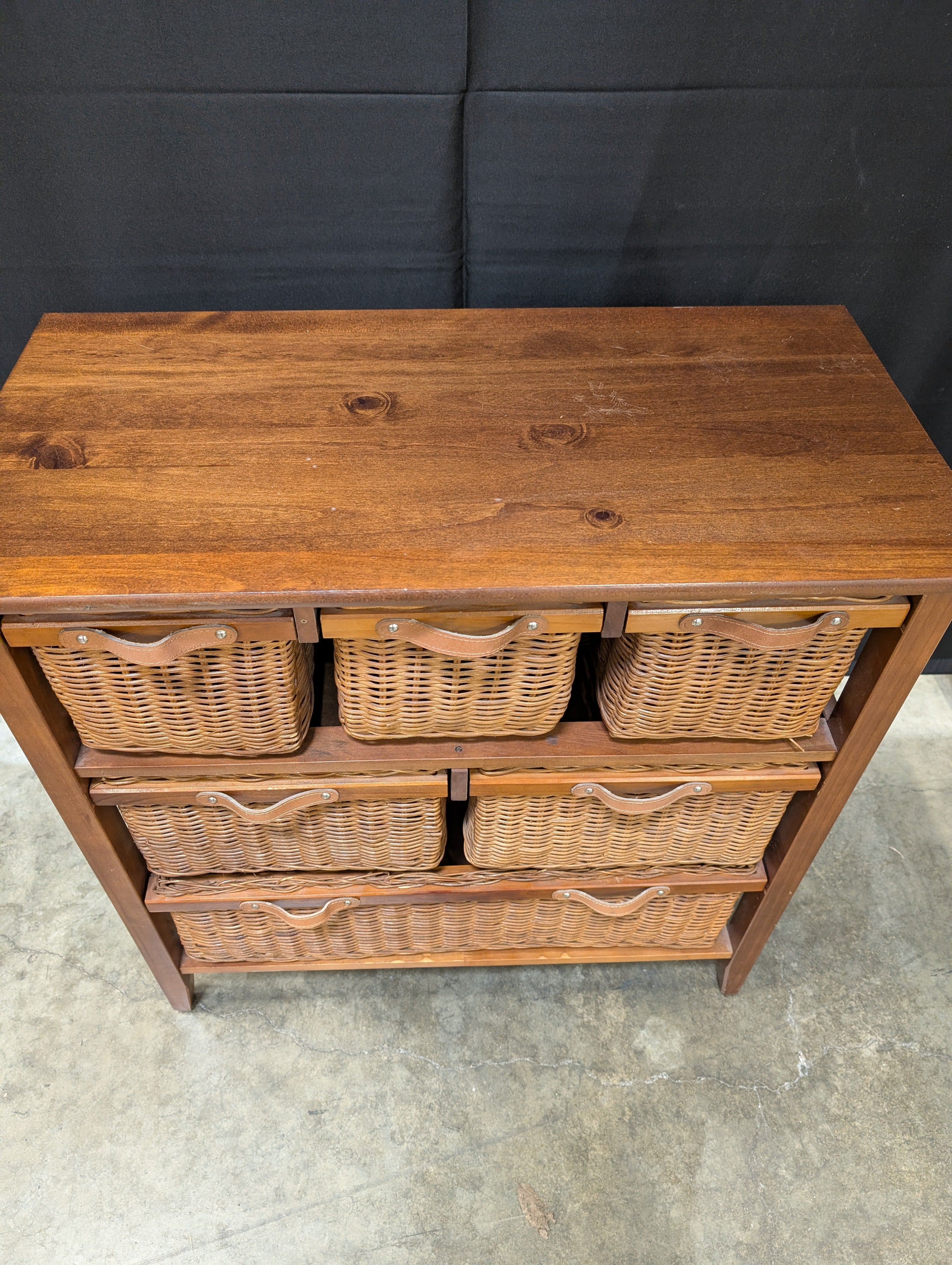 Rustic Dark Wood & Wicker Storage Cabinet with 6 Baskets & Leather Pulls