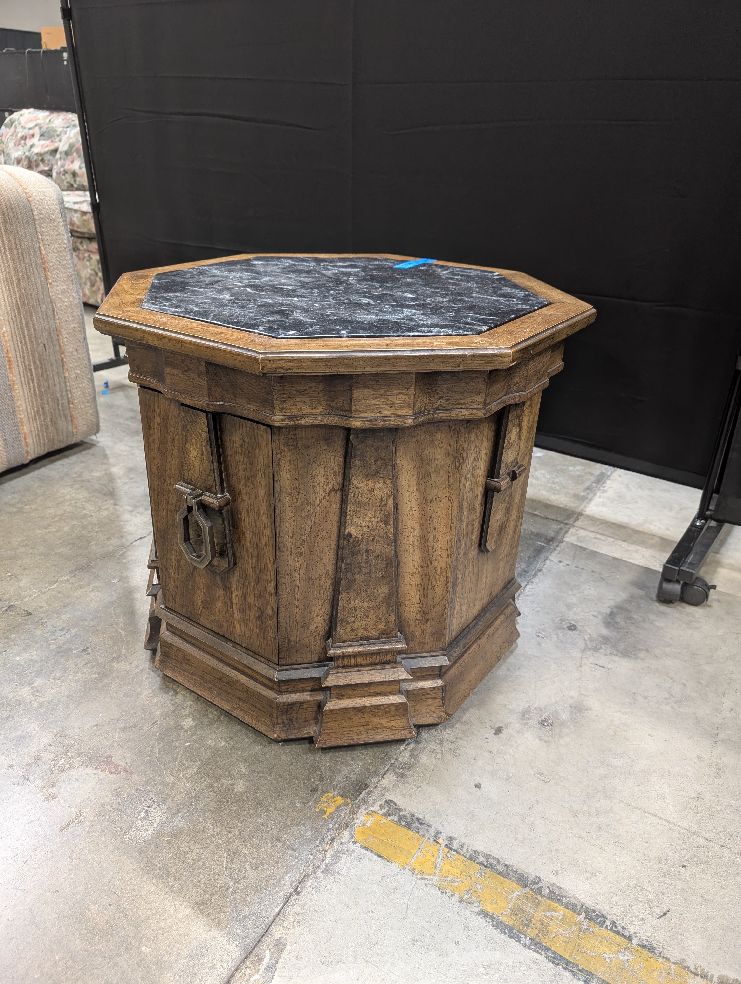 Octagonal Dark Wood End Table with Black Textured Top