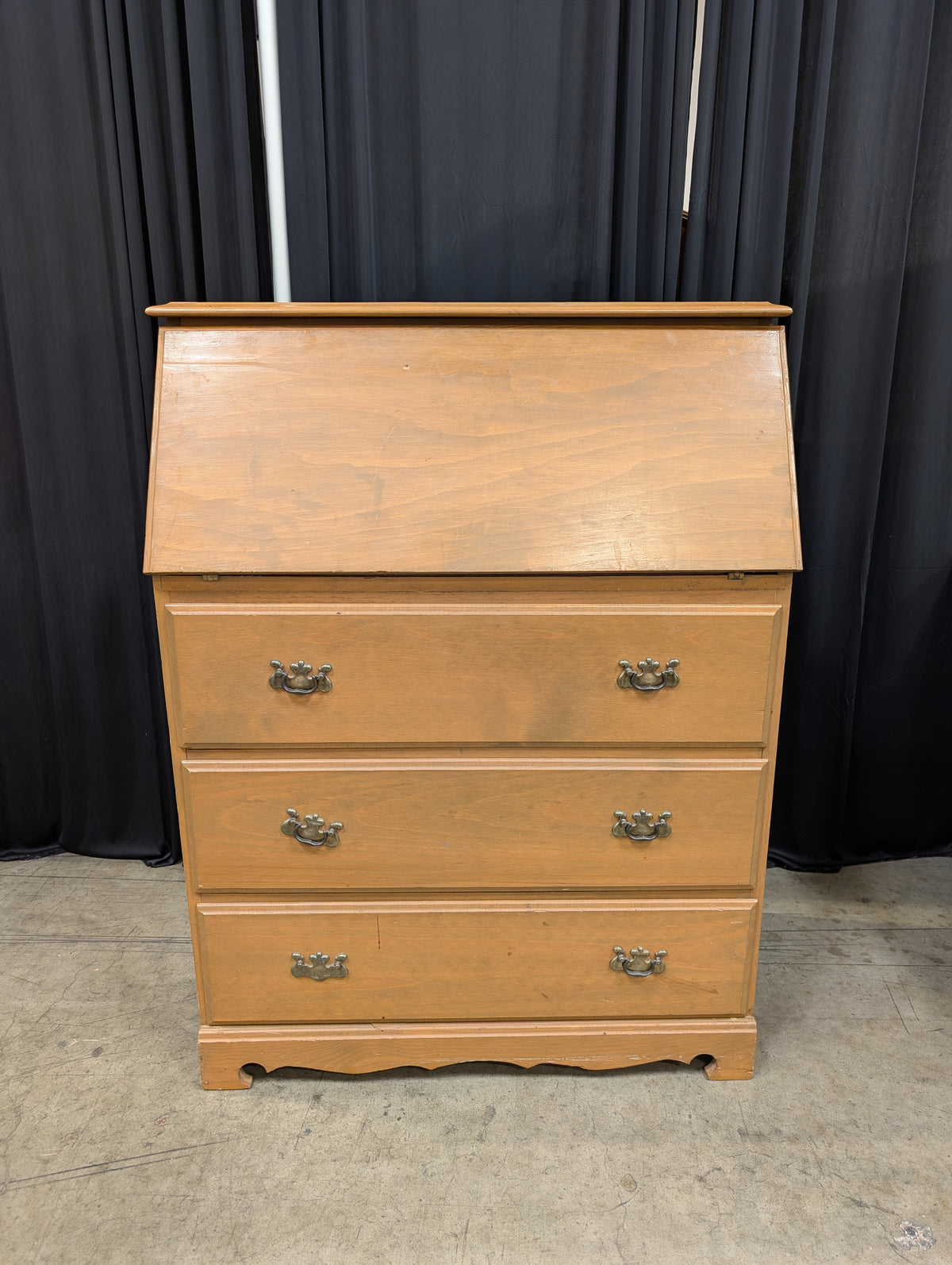 Natural Tone Wood Drop-Front Desk with Three Drawers