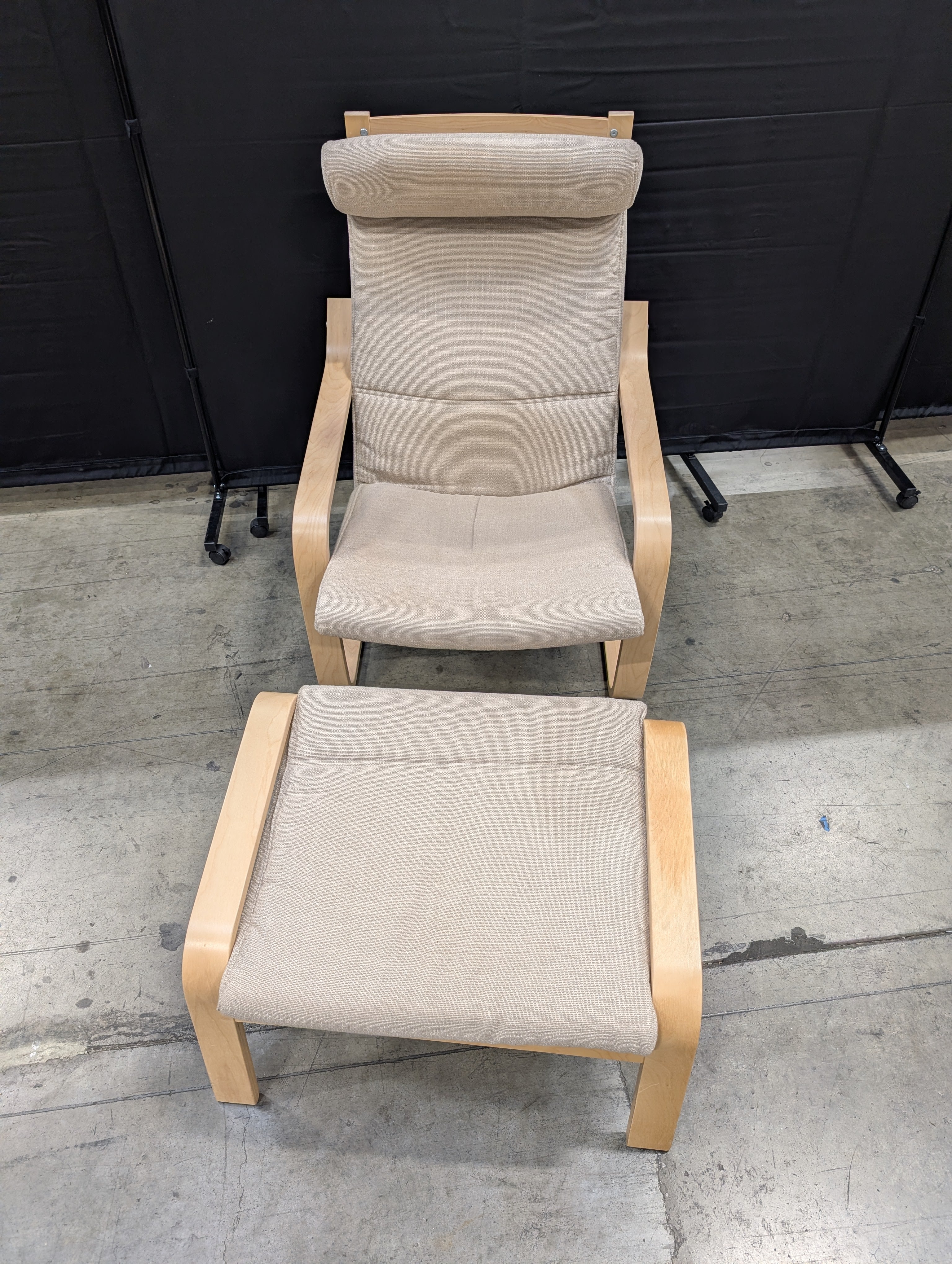 Used IKEA Poäng Armchair and Ottoman Set, Wood Frame, Beige Fabric