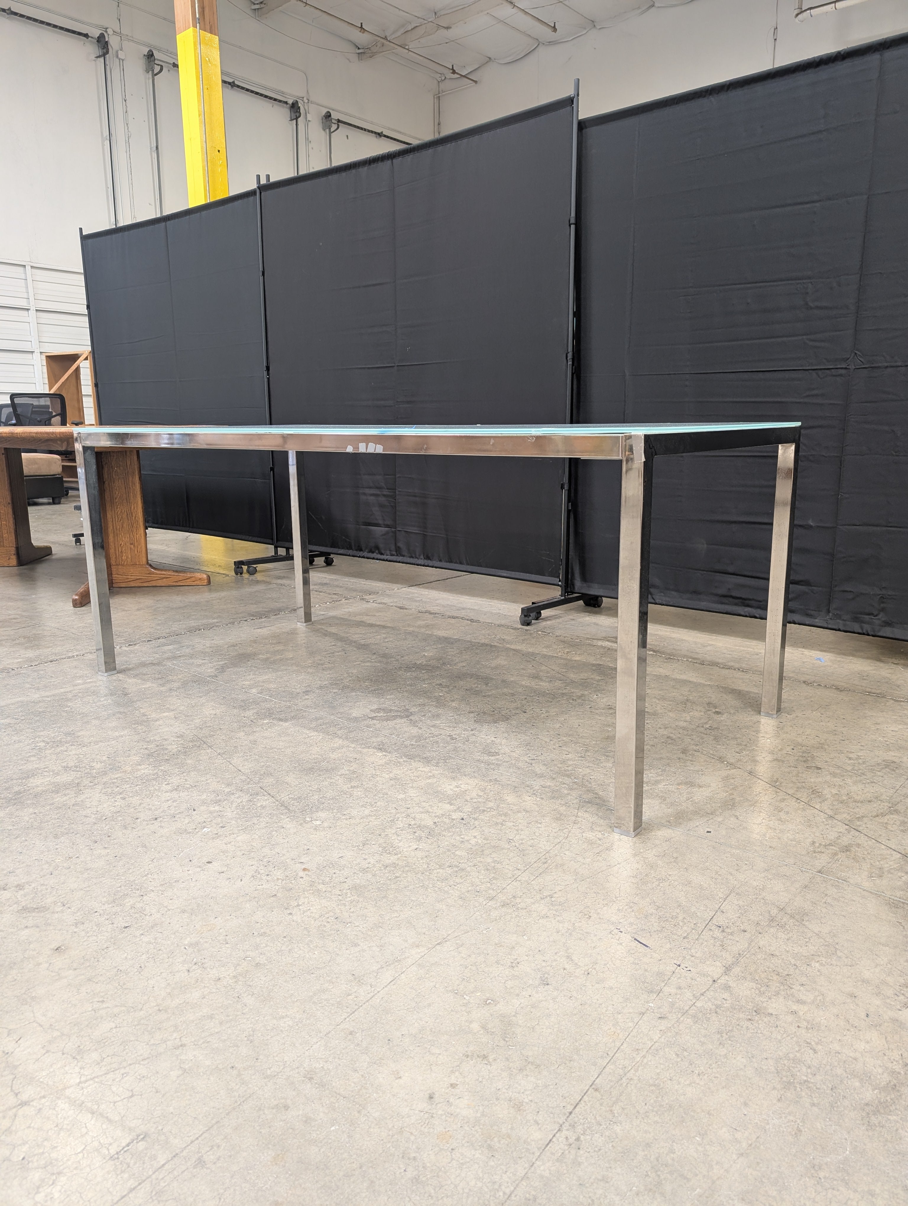 Contemporary Frosted Glass Top Dining Table with Polished Metal Legs