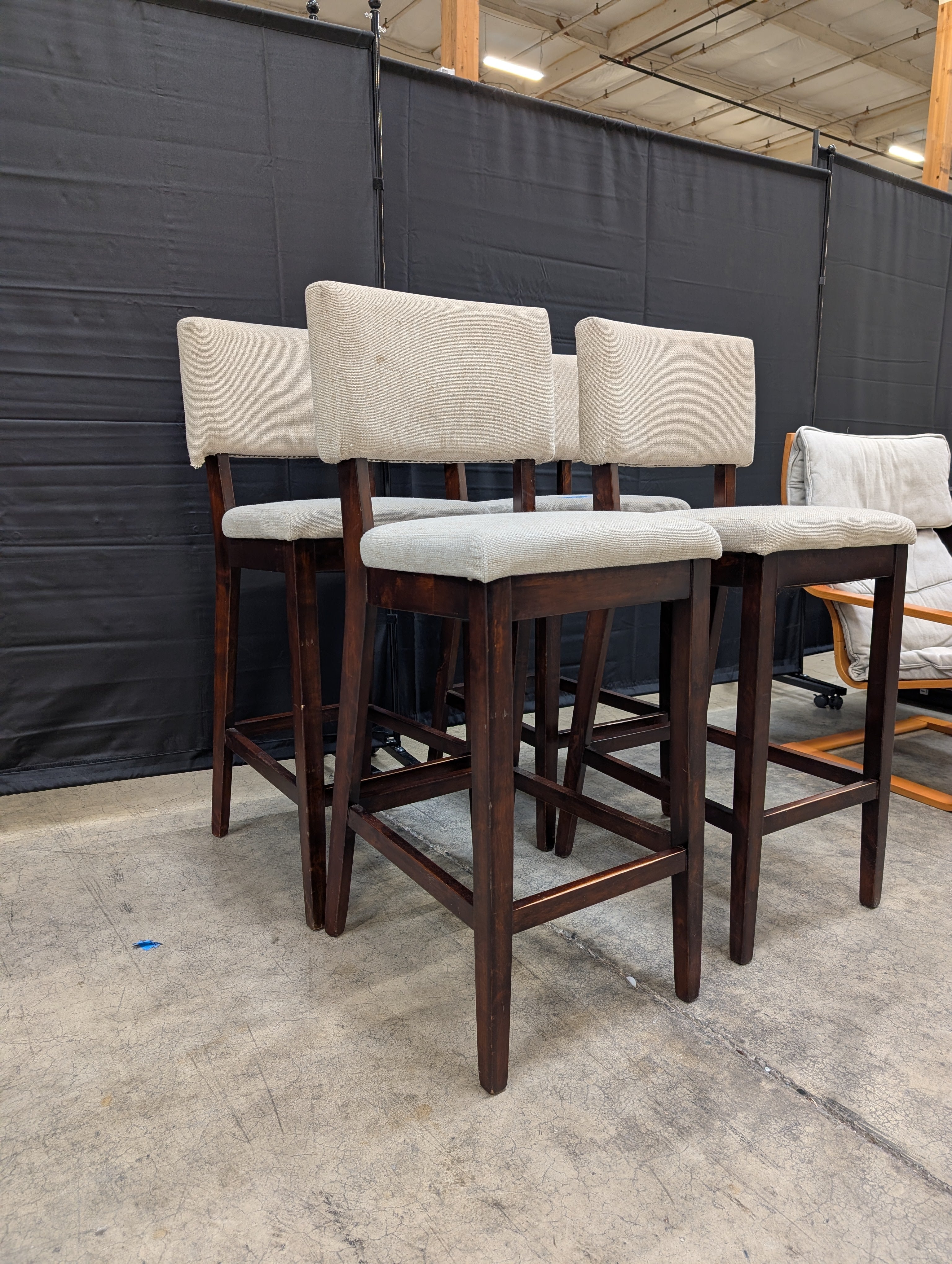 Set of Four Beige Fabric Upholstered Bar Height Dark Wood Dining Chairs