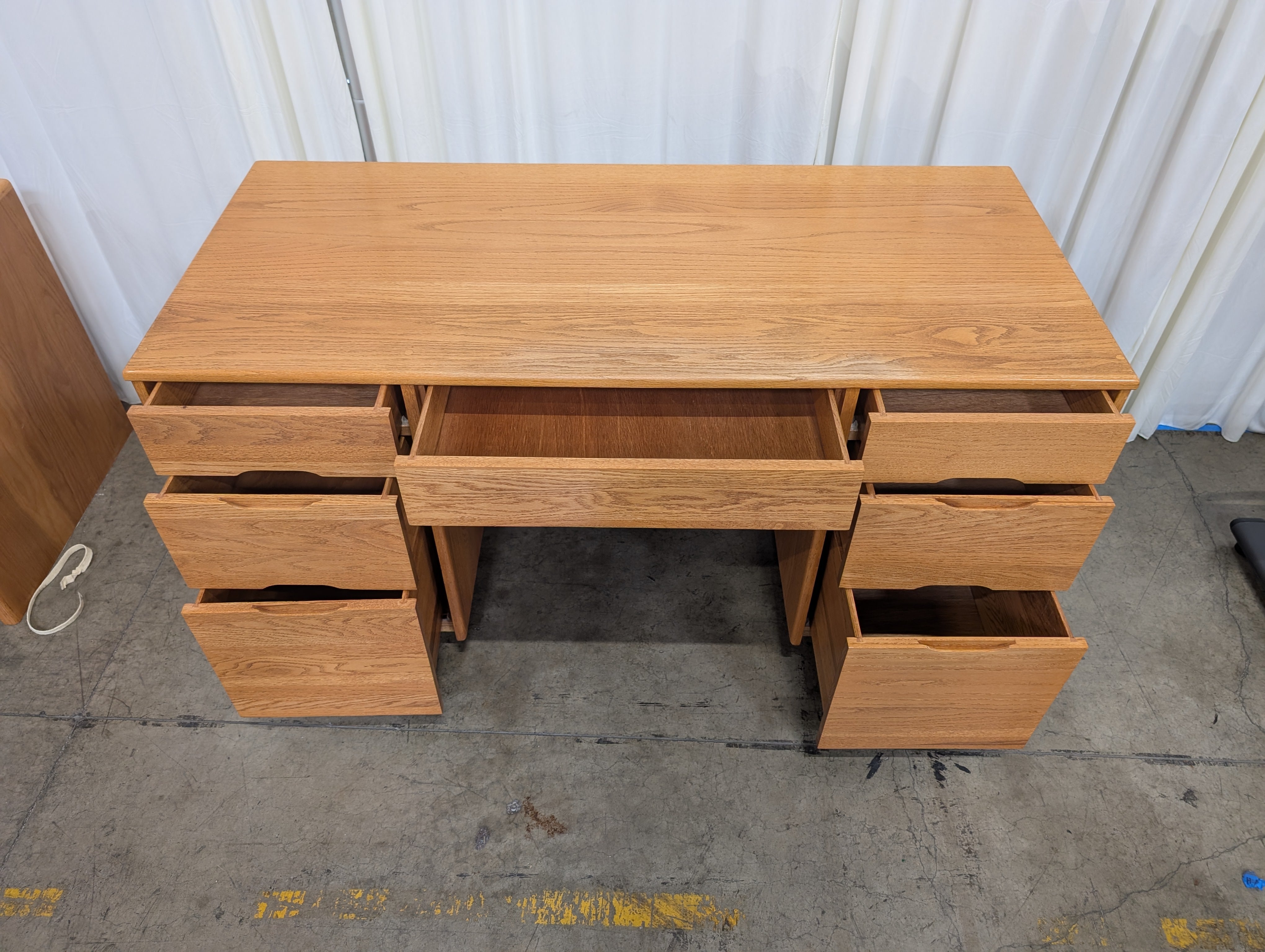 Mid-Century Modern Light Wood Desk with Five Drawers