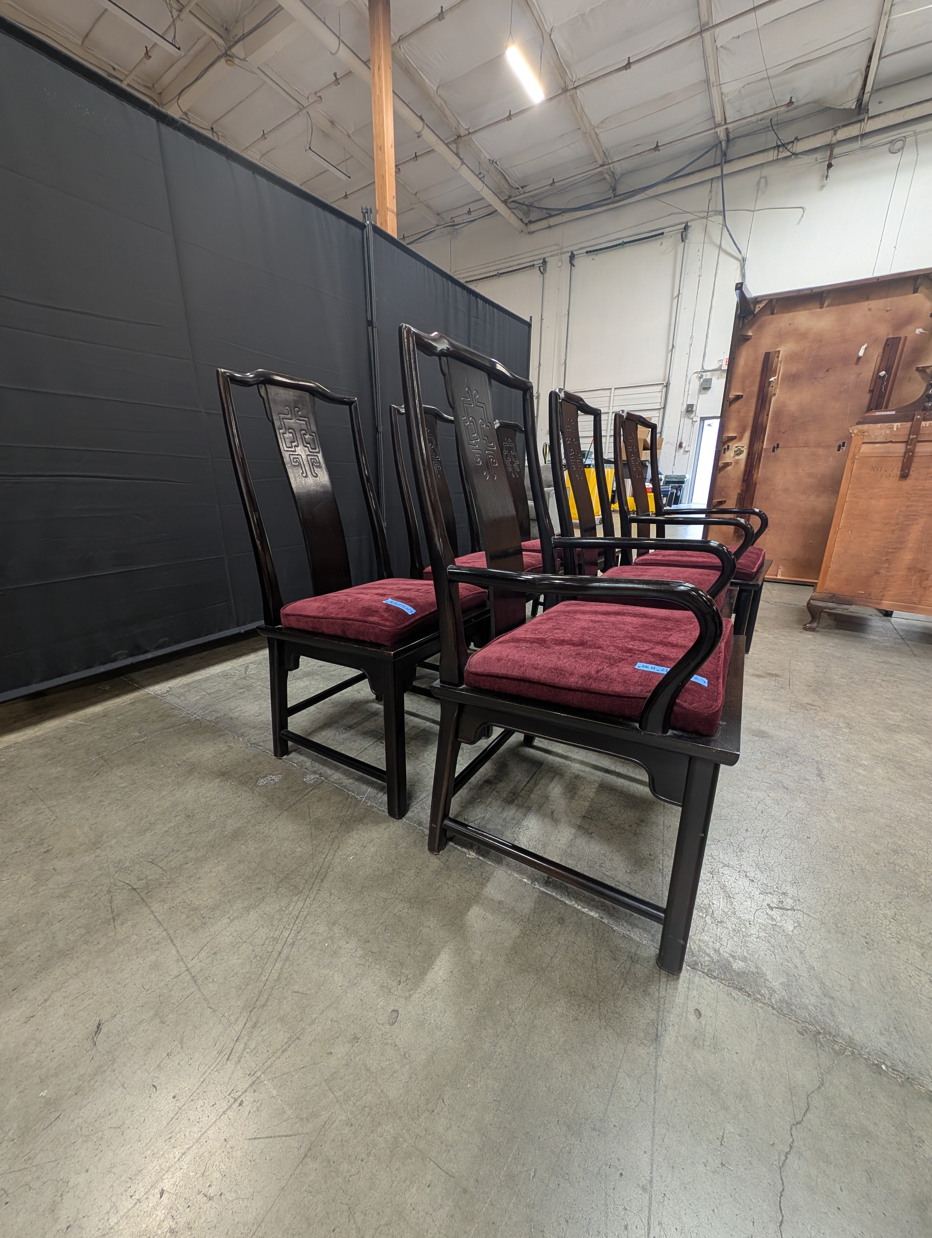 Set of Six Century Furniture INC. Black Lacquer Dining Chair with Burgundy