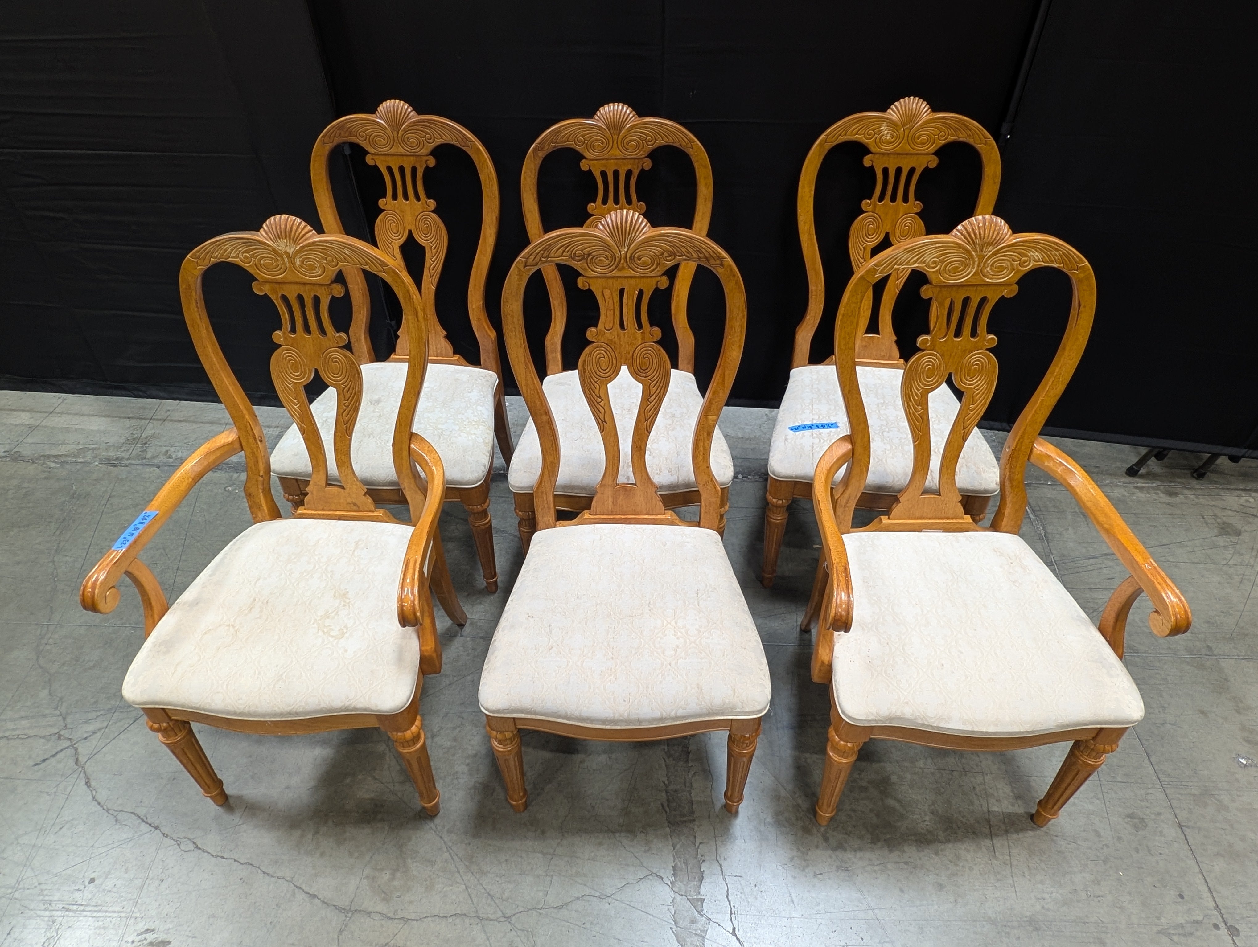 Set of Six Ornate Carved Wood Accent Chair with Upholstered Seat