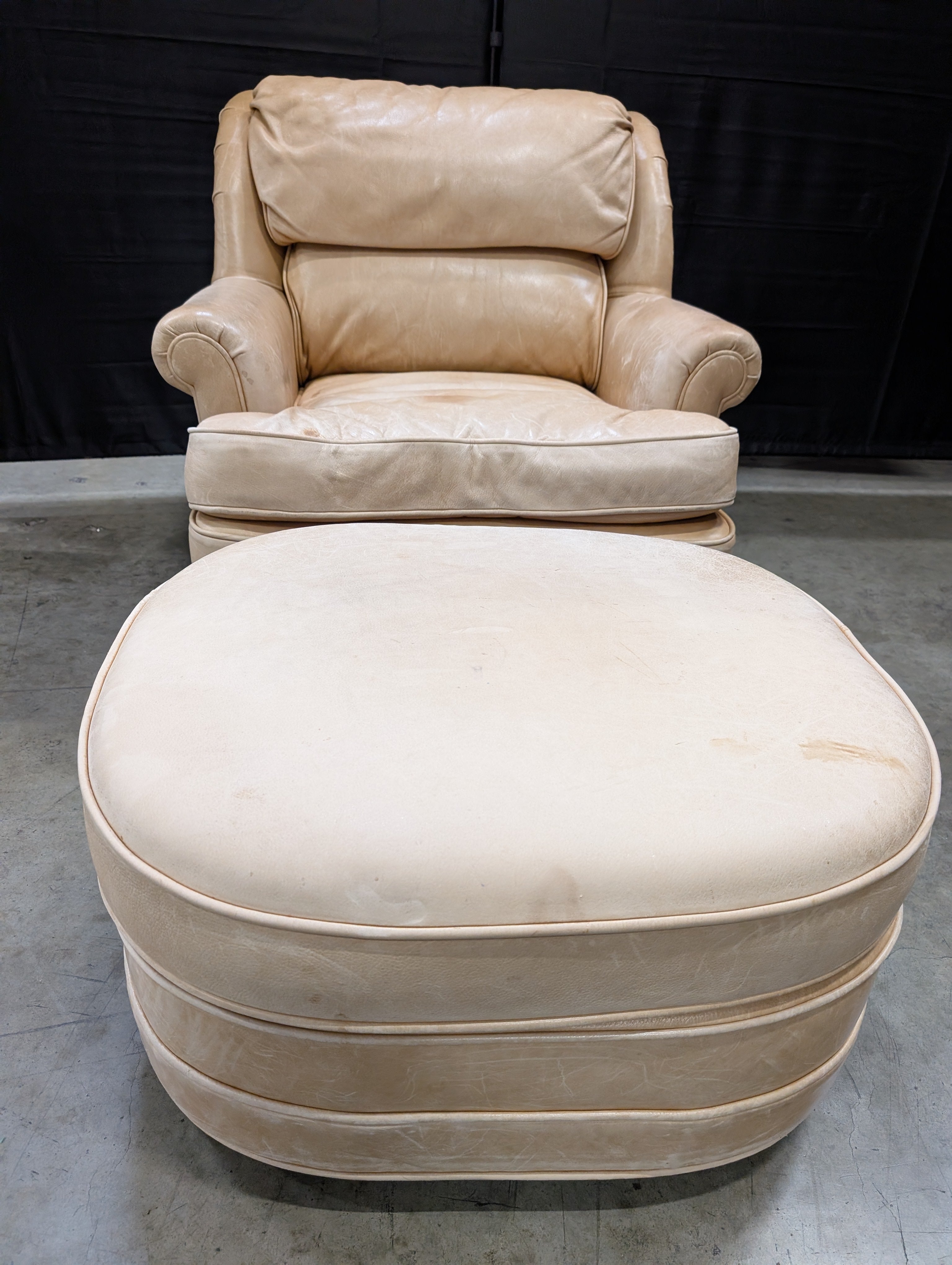 Tan Leather ETHAN ALLEN Armchair with Matching Ottoman